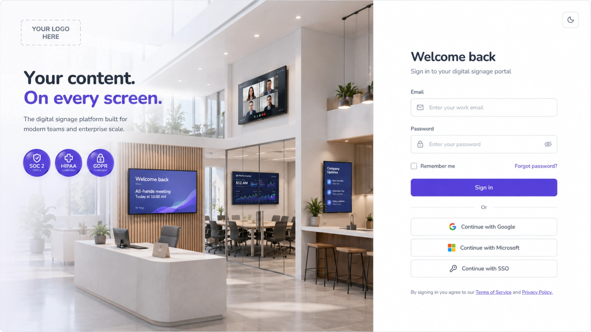 White-labelled Fugo CMS sign-in mockup with custom branding panel and lobby signage scene