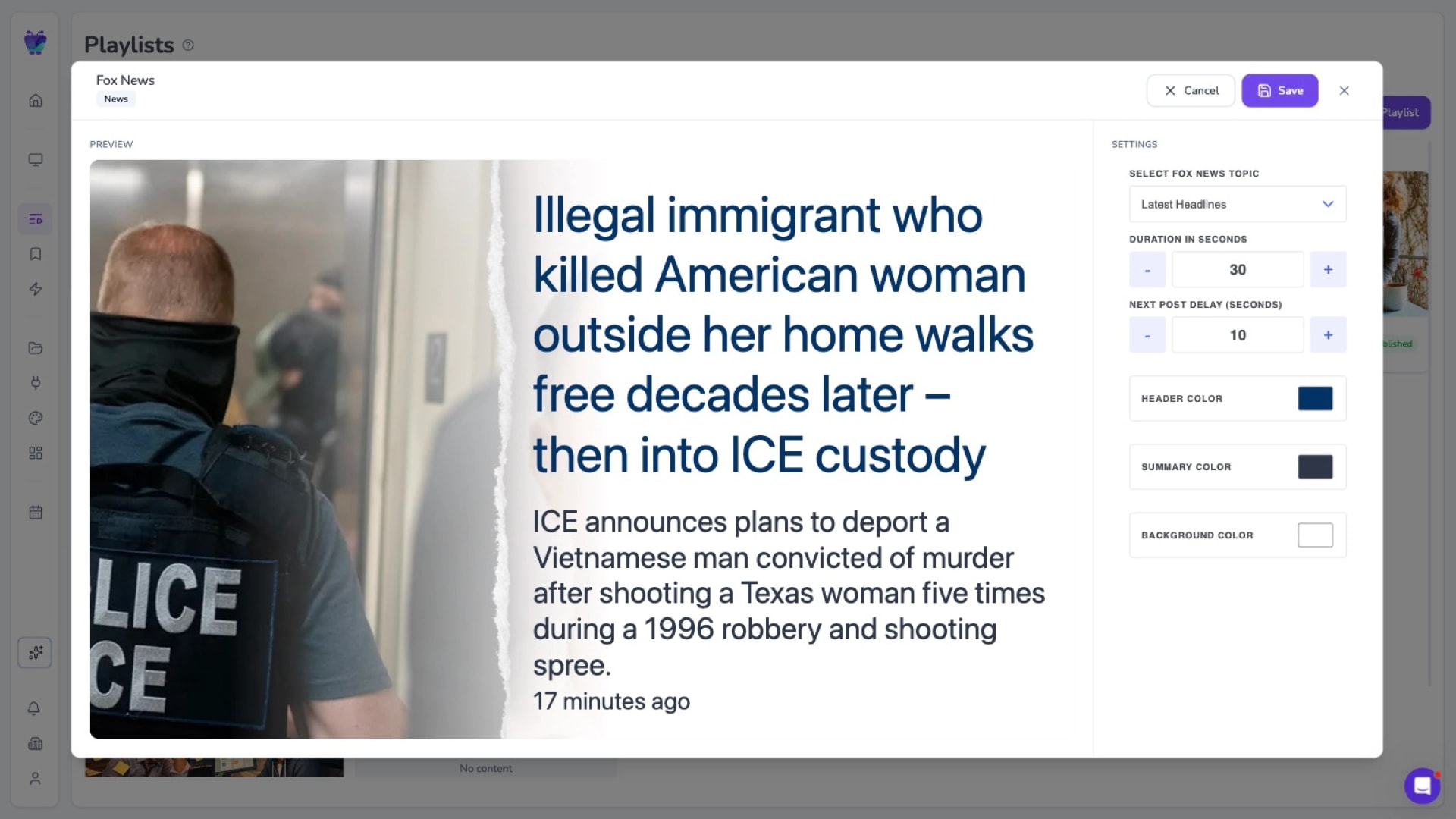 Fugo news app settings for adding live headlines to a screen ticker