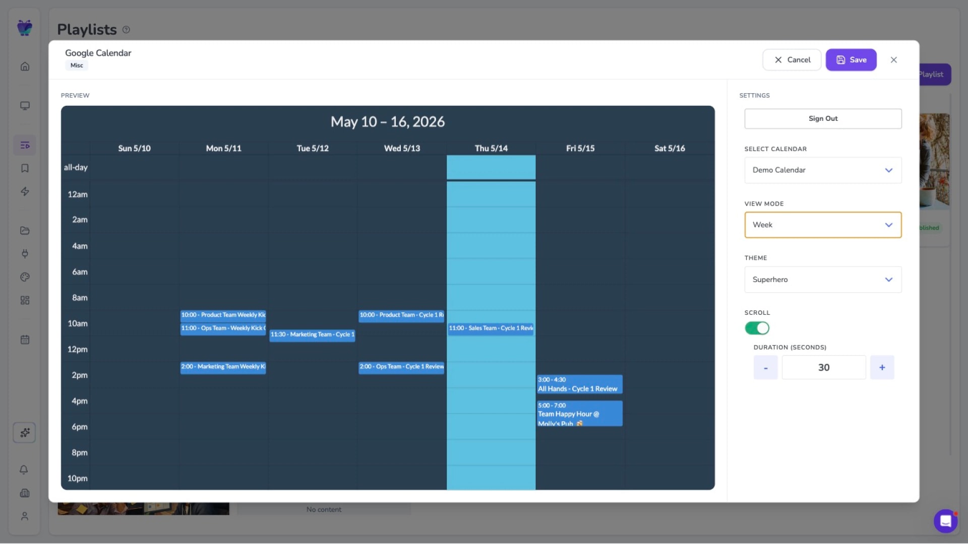 Fugo Google Calendar app settings for showing room schedules on screen