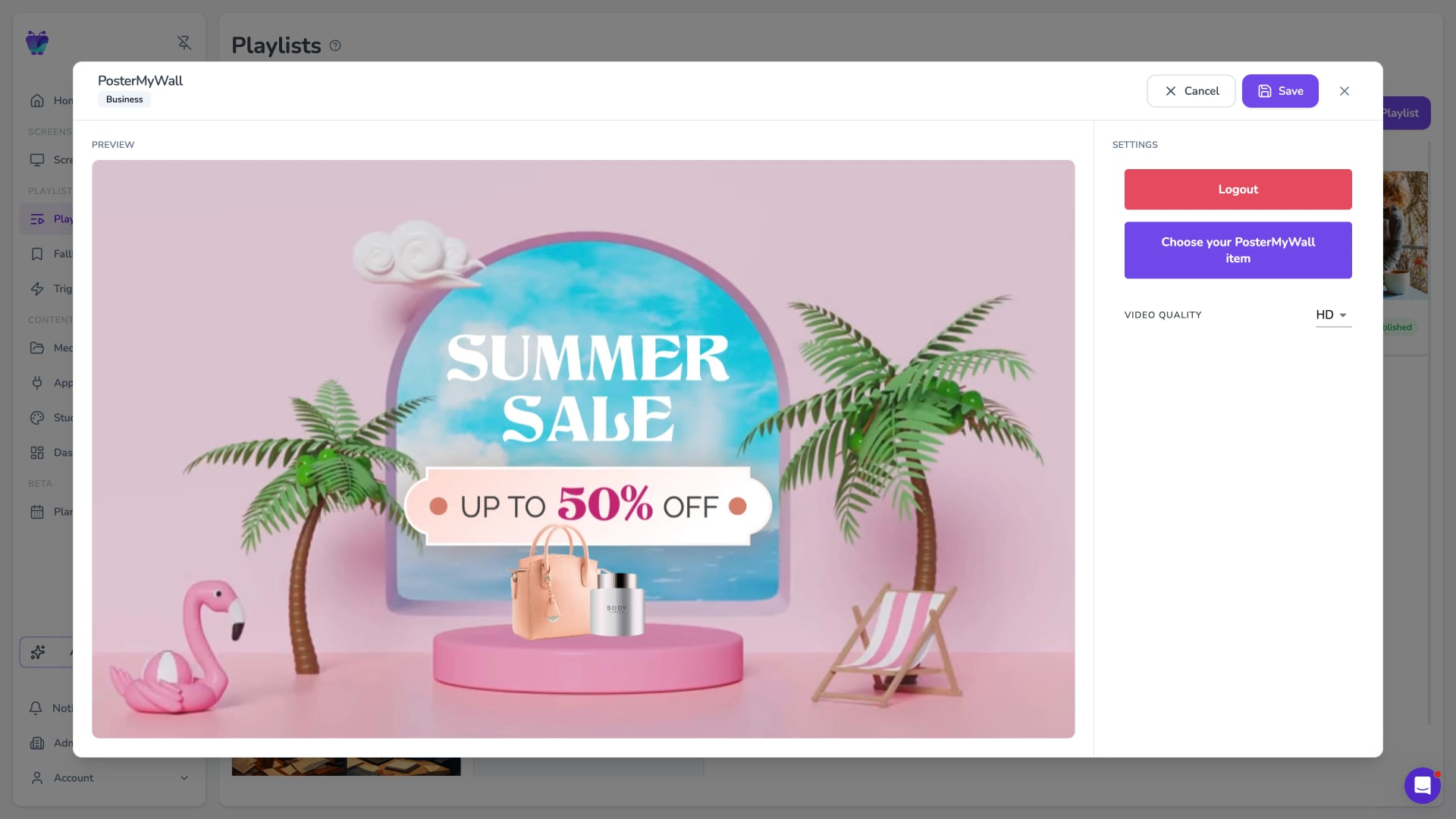 Fugo CMS PosterMyWall app settings modal previewing a Summer Sale poster design ready to publish to screens