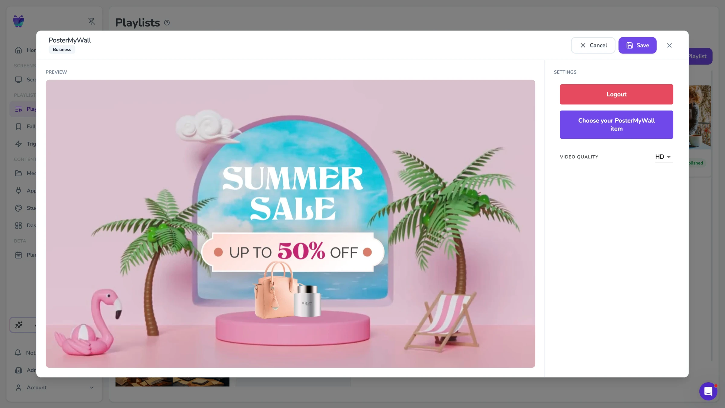 Fugo CMS PosterMyWall app settings modal previewing a Summer Sale poster design ready to publish to screens