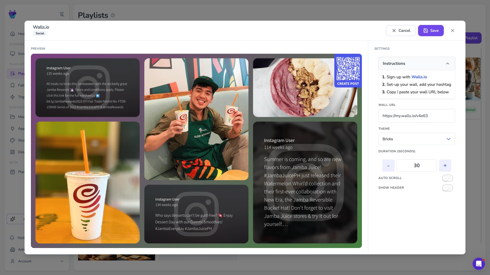 Fugo CMS Walls.io app settings modal showing the moderation controls and live preview of the curated social wall feed