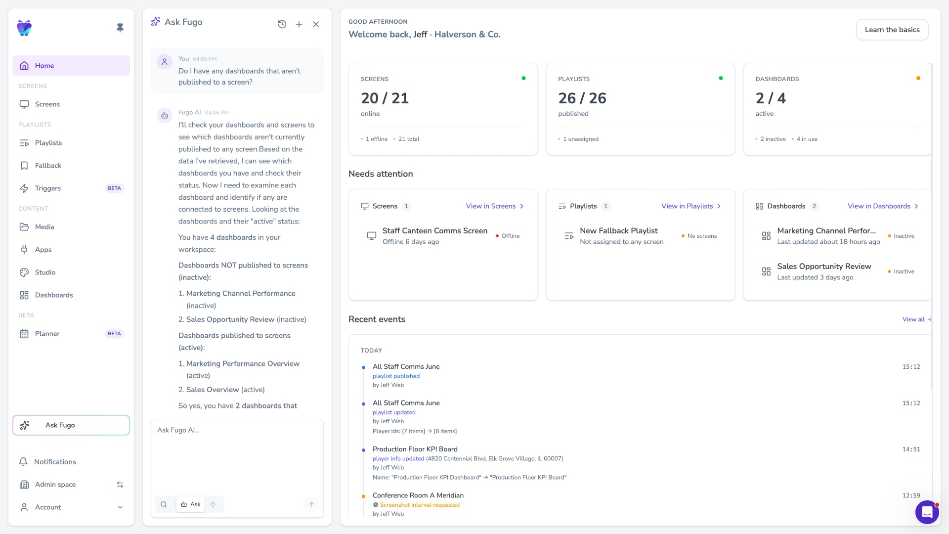 Ask Fugo AI chat sidebar showing a natural language query about screens