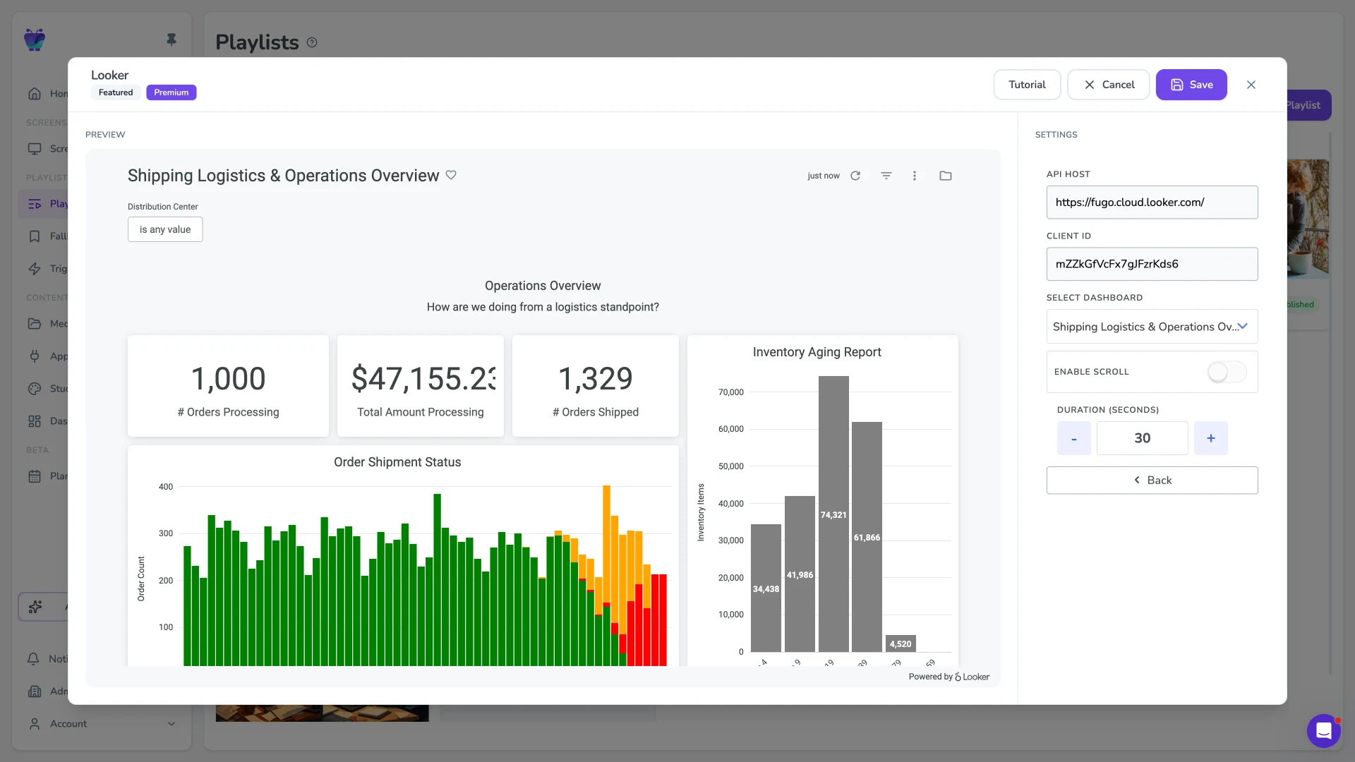 Fugo CMS Looker app settings modal showing the Shipping Logistics & Operations Overview dashboard rendered live against an API host, Client ID, and dashboard-selection sidebar