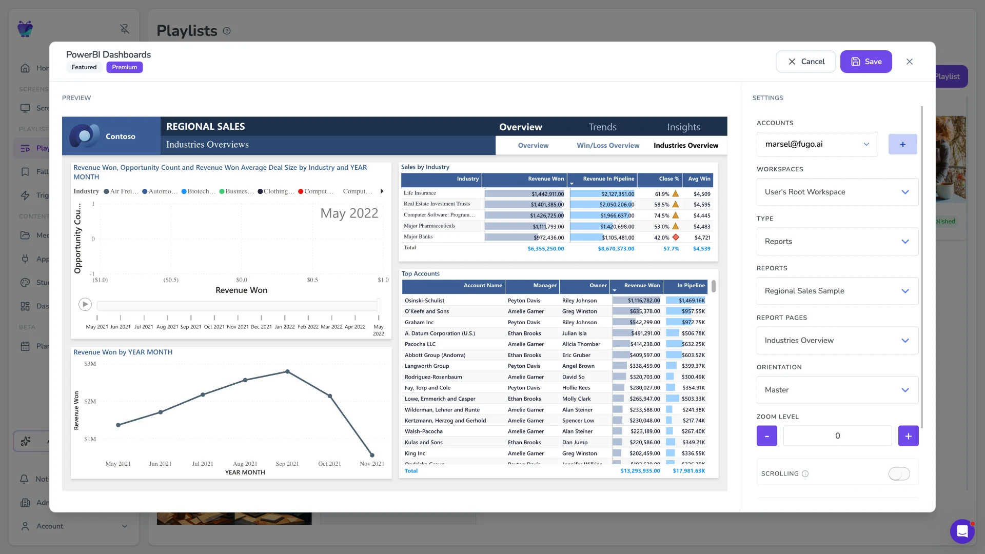 Fugo CMS Power BI app settings modal showing the Regional Sales report and Industries Overview page selected against the configured workspace, with Reports, Orientation, and Zoom controls in the side panel