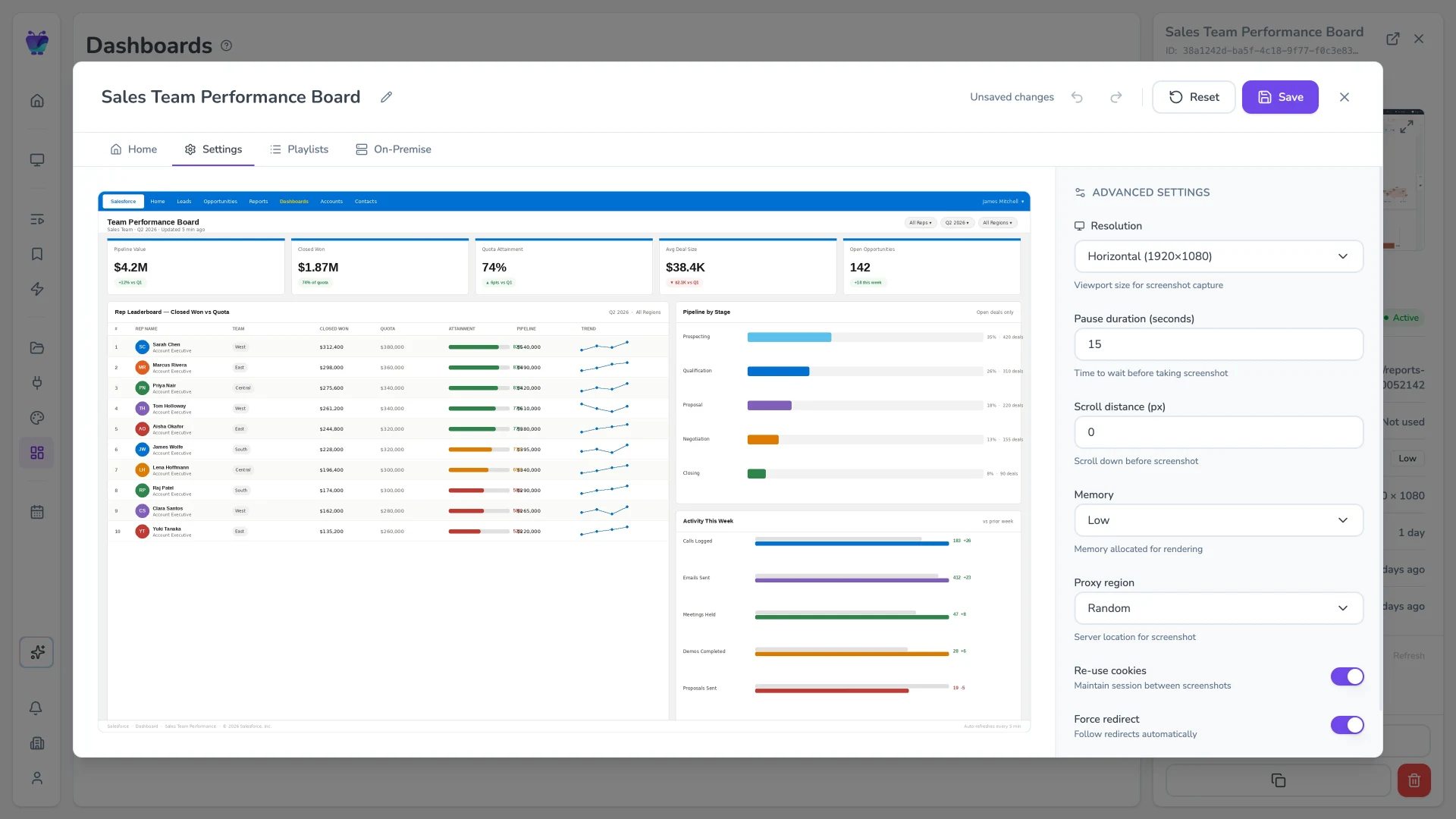 Fugo CMS dashboard-edit Settings tab showing a Salesforce dashboard with refresh, resolution, and proxy controls