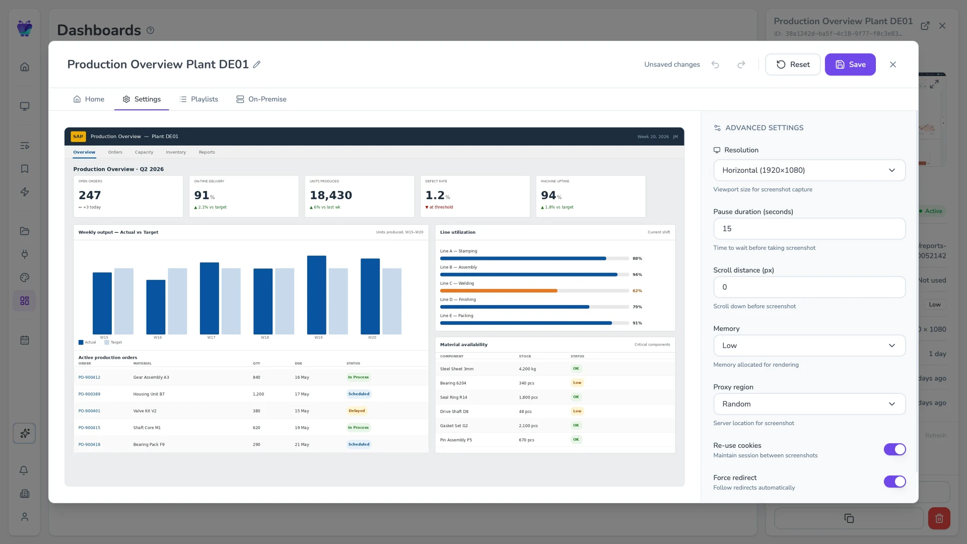 Fugo CMS dashboard-edit Settings tab showing an SAP Analytics Cloud dashboard with refresh, resolution, and proxy controls