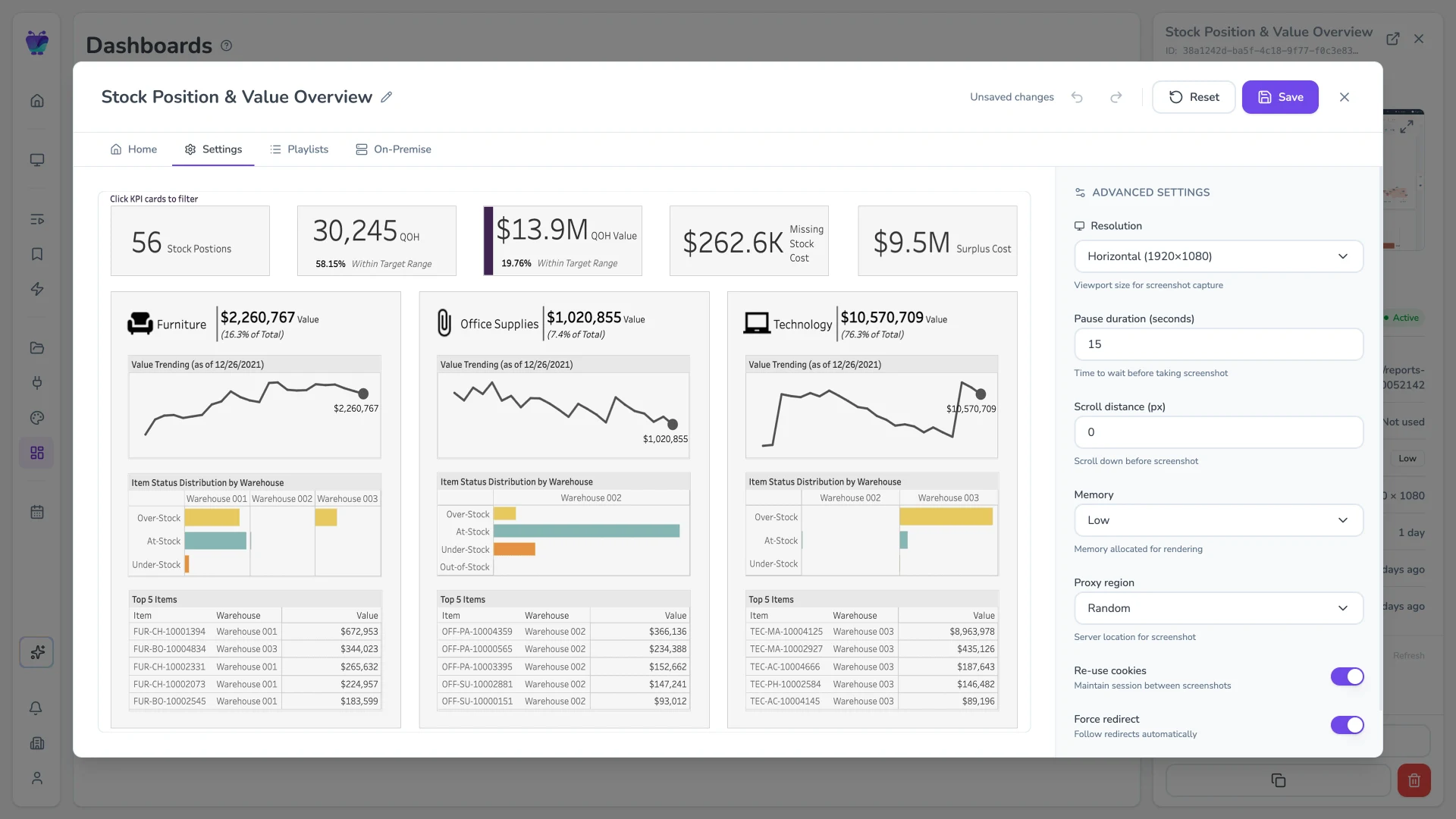 Fugo CMS dashboard-edit Settings tab showing the Tableau Stock Position & Value Overview dashboard with refresh, resolution, and proxy controls