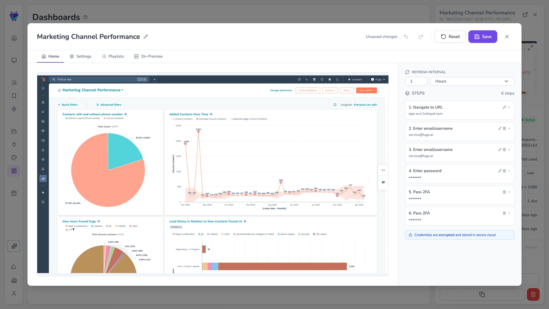 Fugo dashboard editor showing the refresh interval and the saved login steps, including two-factor authentication, with credentials stored encrypted