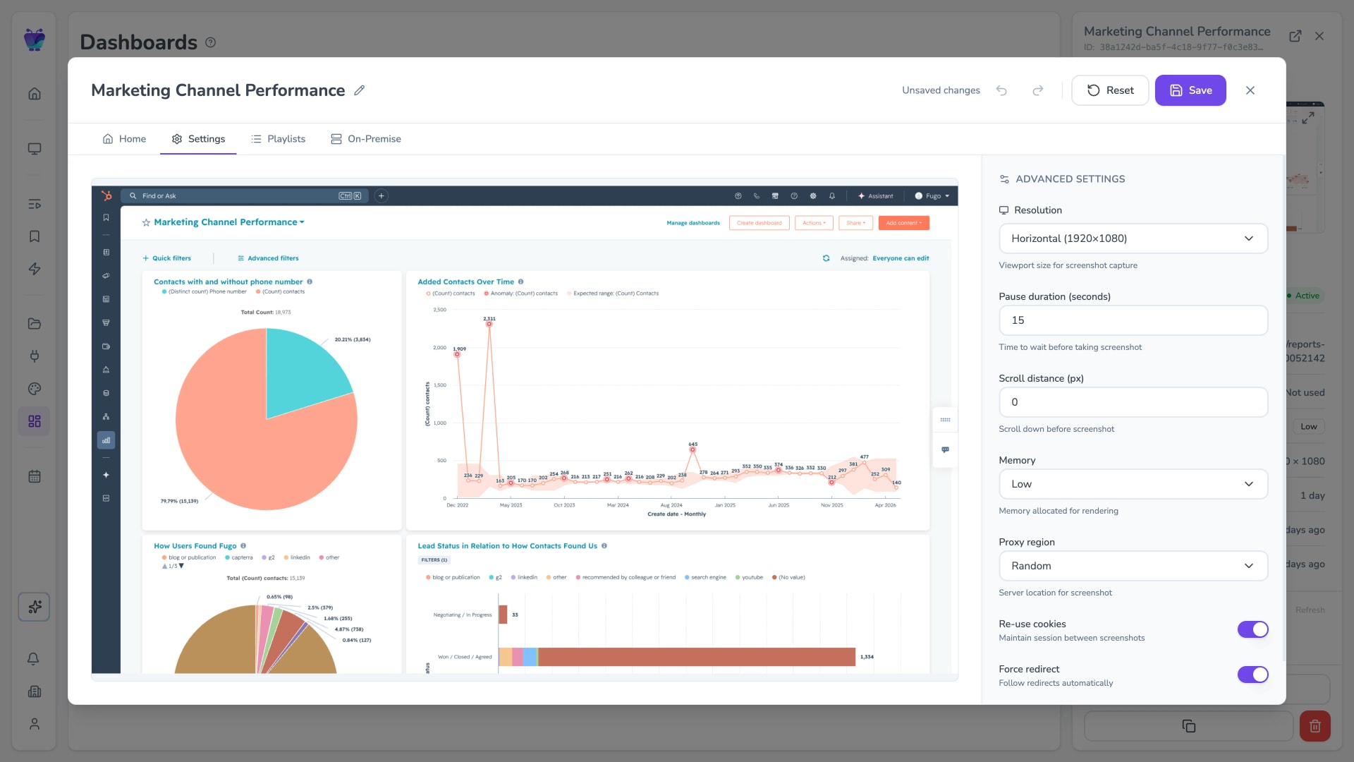 Fugo CMS dashboard-edit modal on the Settings tab, showing capture resolution, pause duration, scroll distance, memory, and proxy region for a screenshot-based dashboard