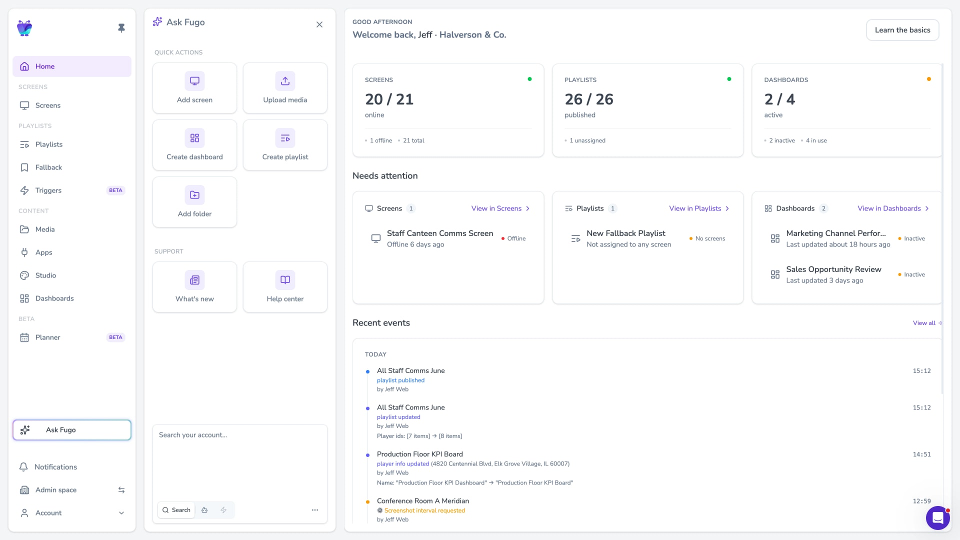 Fugo CMS with the Ask Fugo AI sidebar panel open and ready for a query