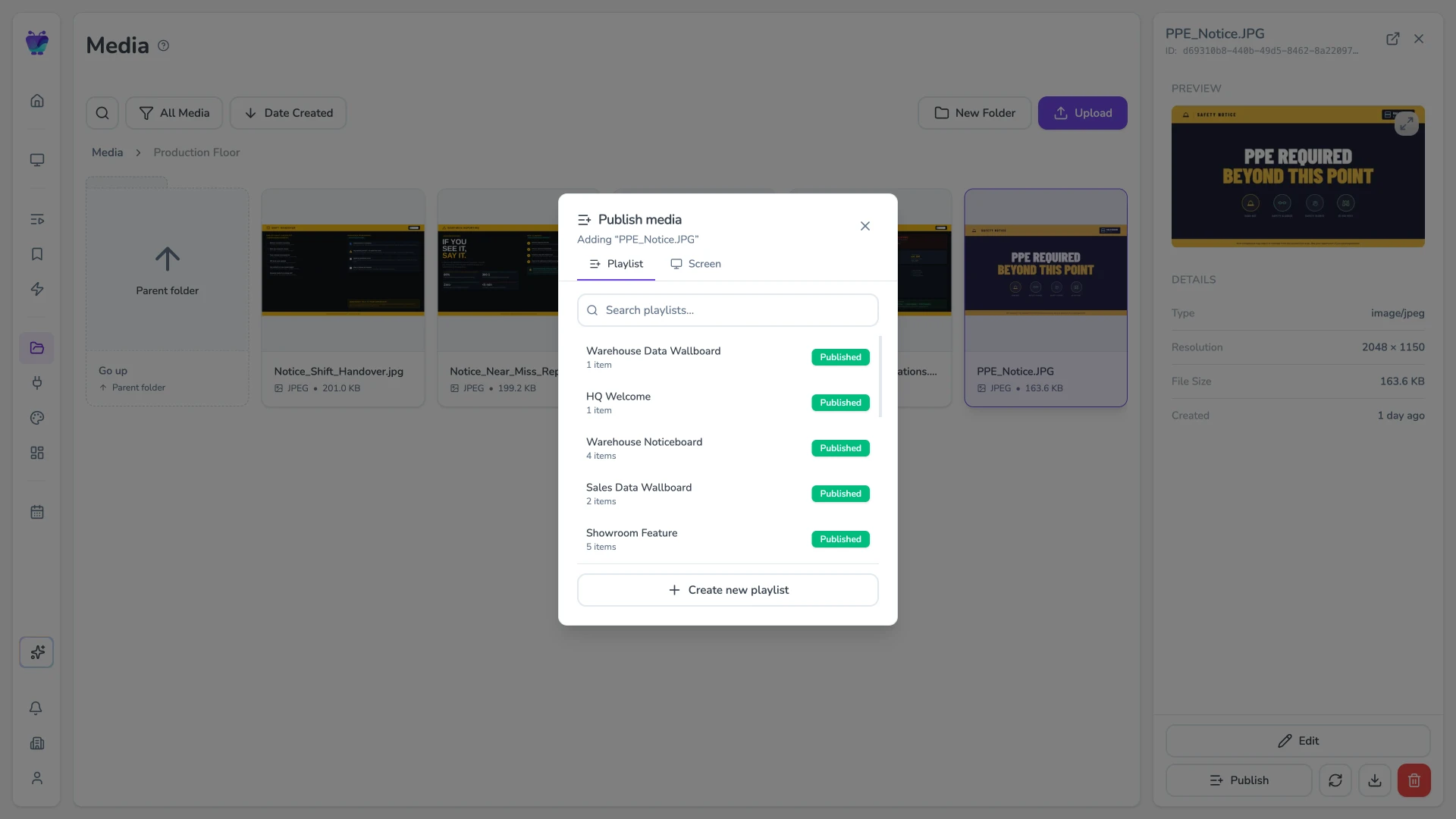 Fugo quick-publish modal broadcasting an announcement to screens