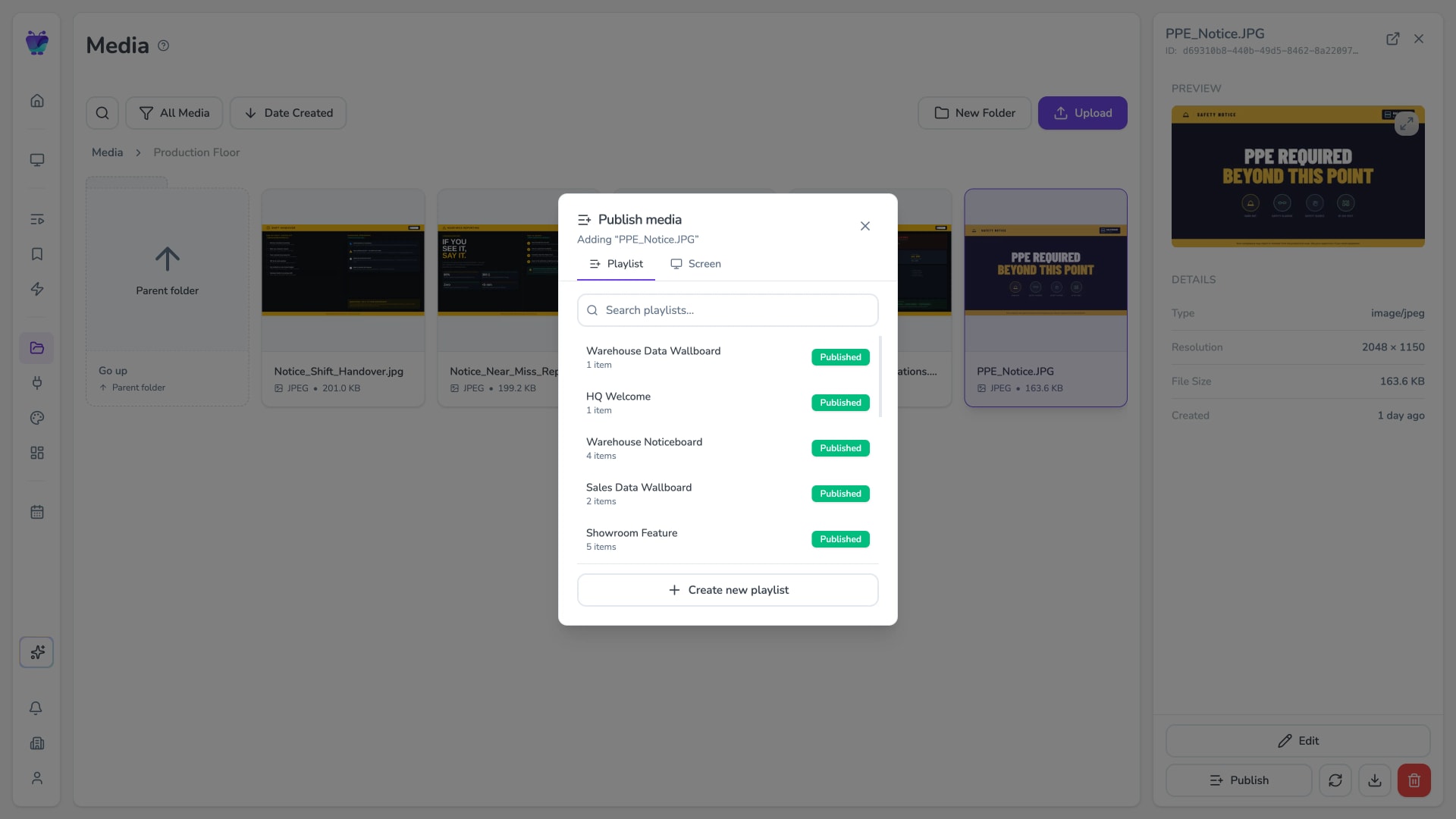 Fugo quick-publish modal broadcasting an announcement to screens