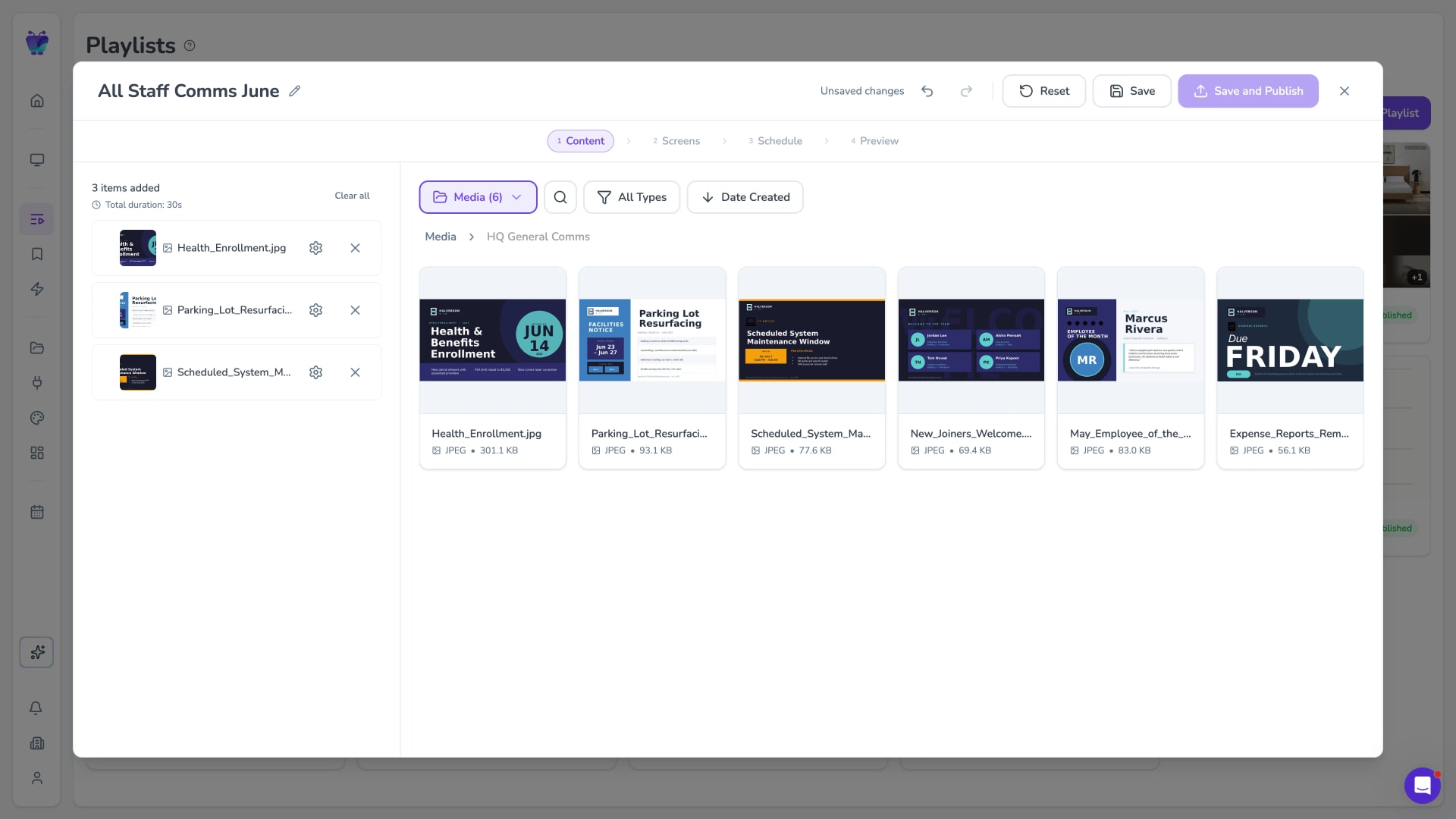 Fugo playlist builder combining a calendar with notices and branding