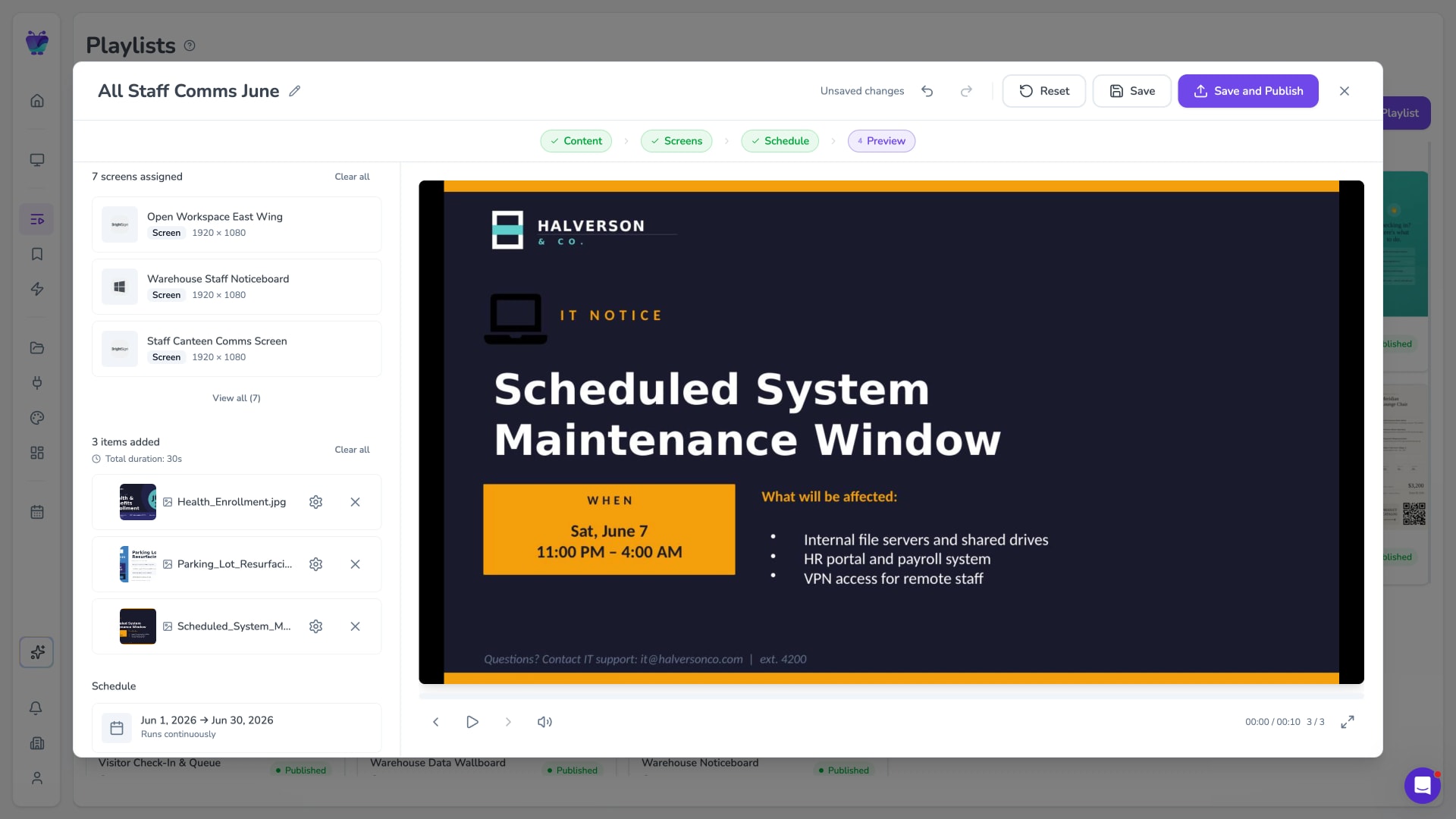 Playlist preview showing a scheduled system maintenance window