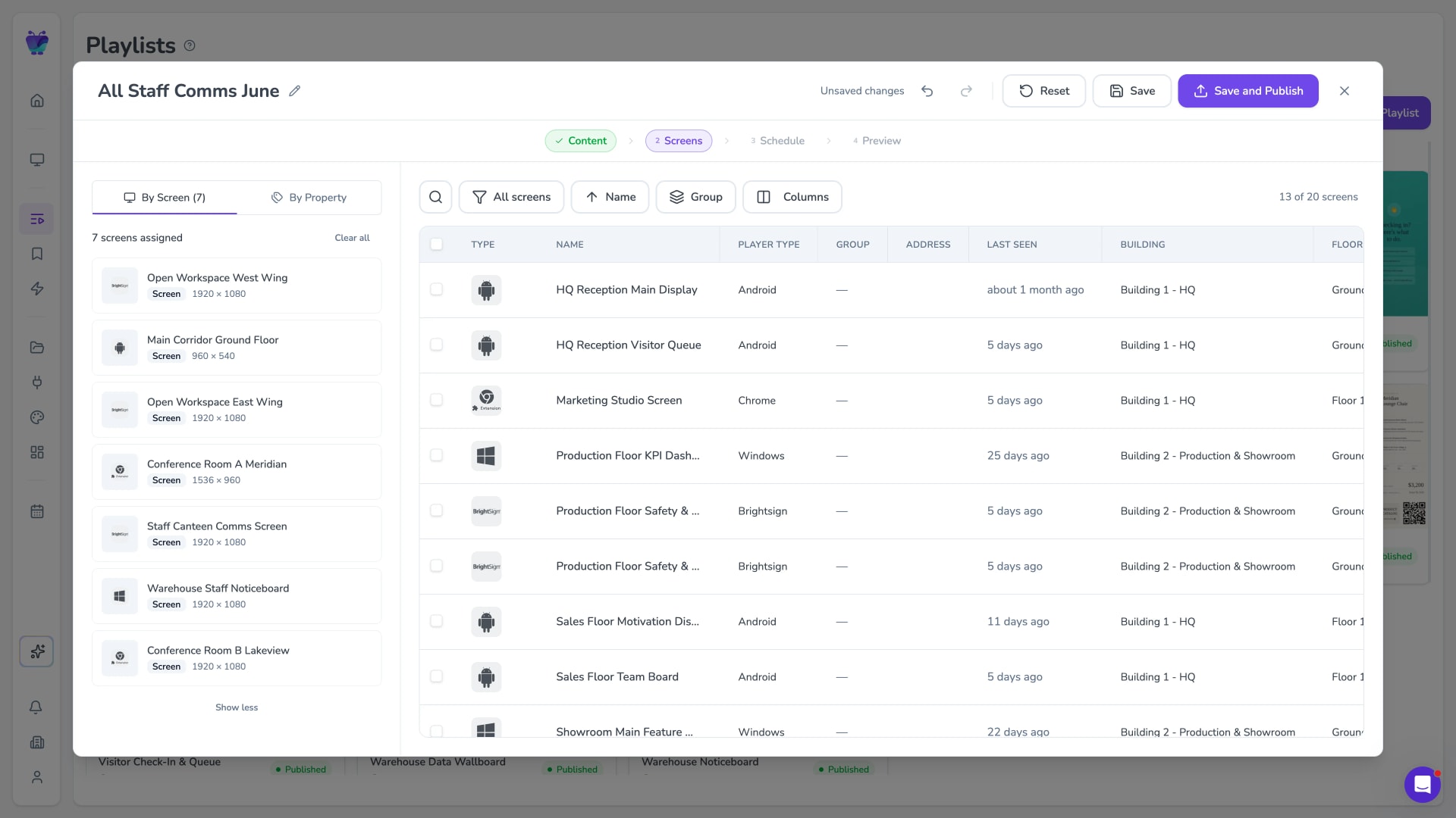 Fugo's playlist builder with a deck ready to publish to several screens across different sites