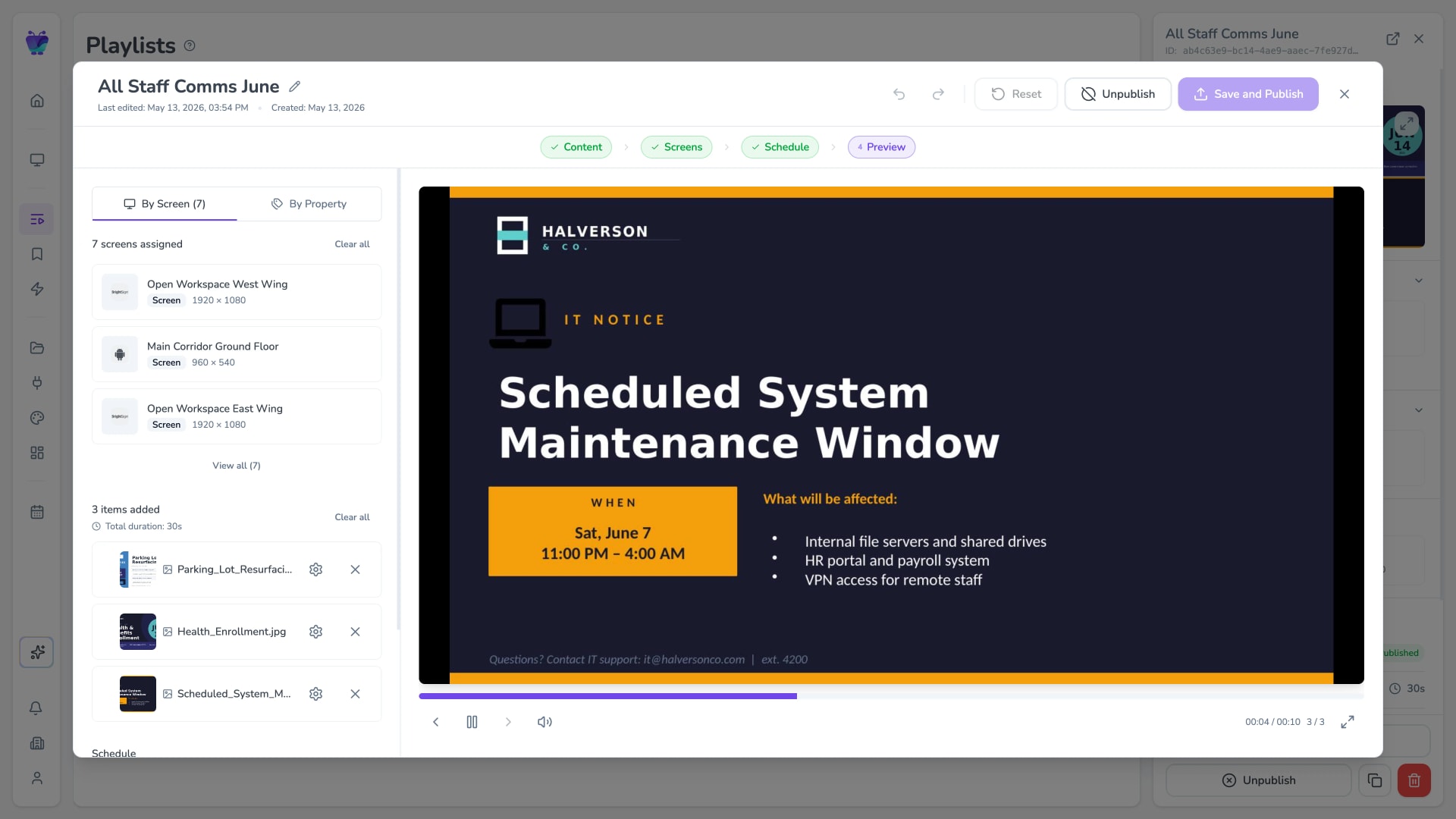 Fugo CMS playlist edit modal showing manual content management steps