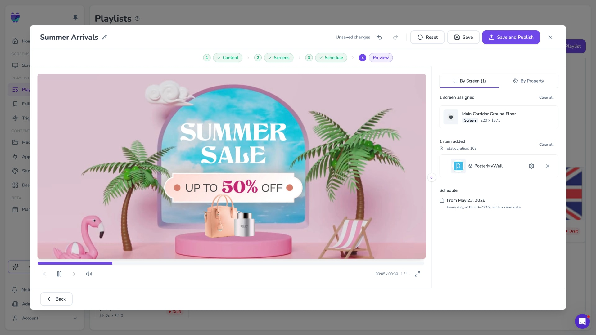 Fugo CMS playlist preview showing a PosterMyWall Summer Sale design assigned to a screen alongside other content
