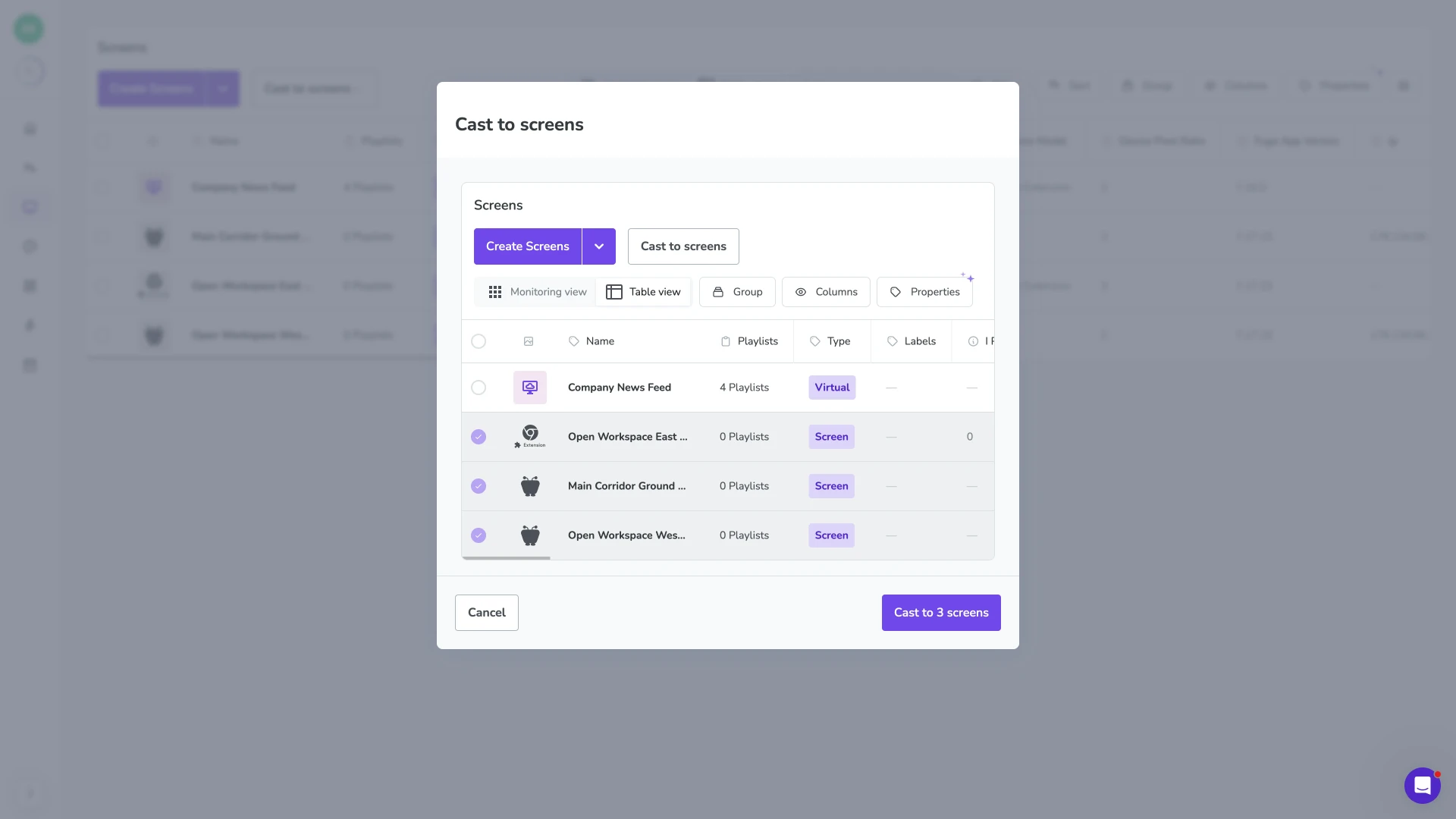 Fugo CMS "Cast to screens" modal with three screens selected across an Open Workspace and Main Corridor for a single broadcast