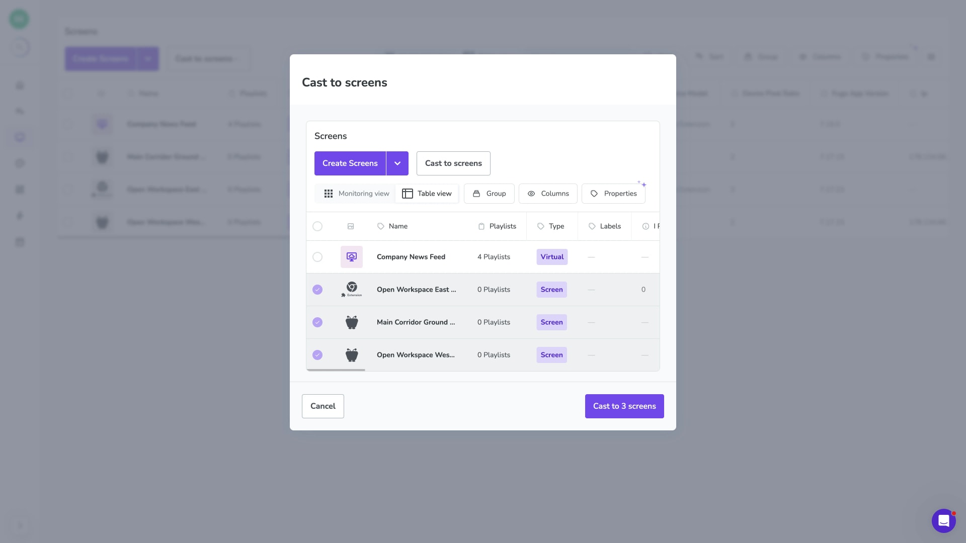 Fugo CMS "Cast to screens" modal with three screens selected across an Open Workspace and Main Corridor for a single broadcast