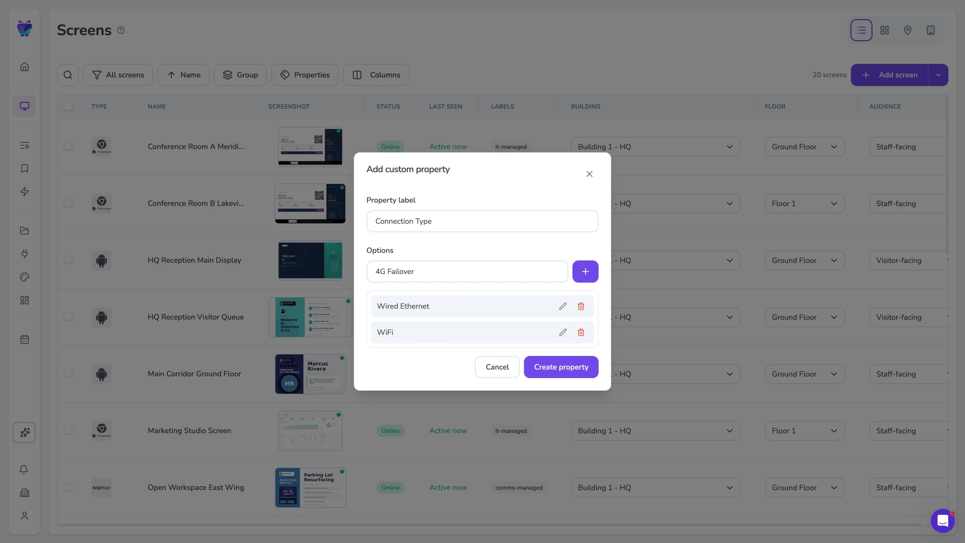 Custom property configuration modal for organizing screens