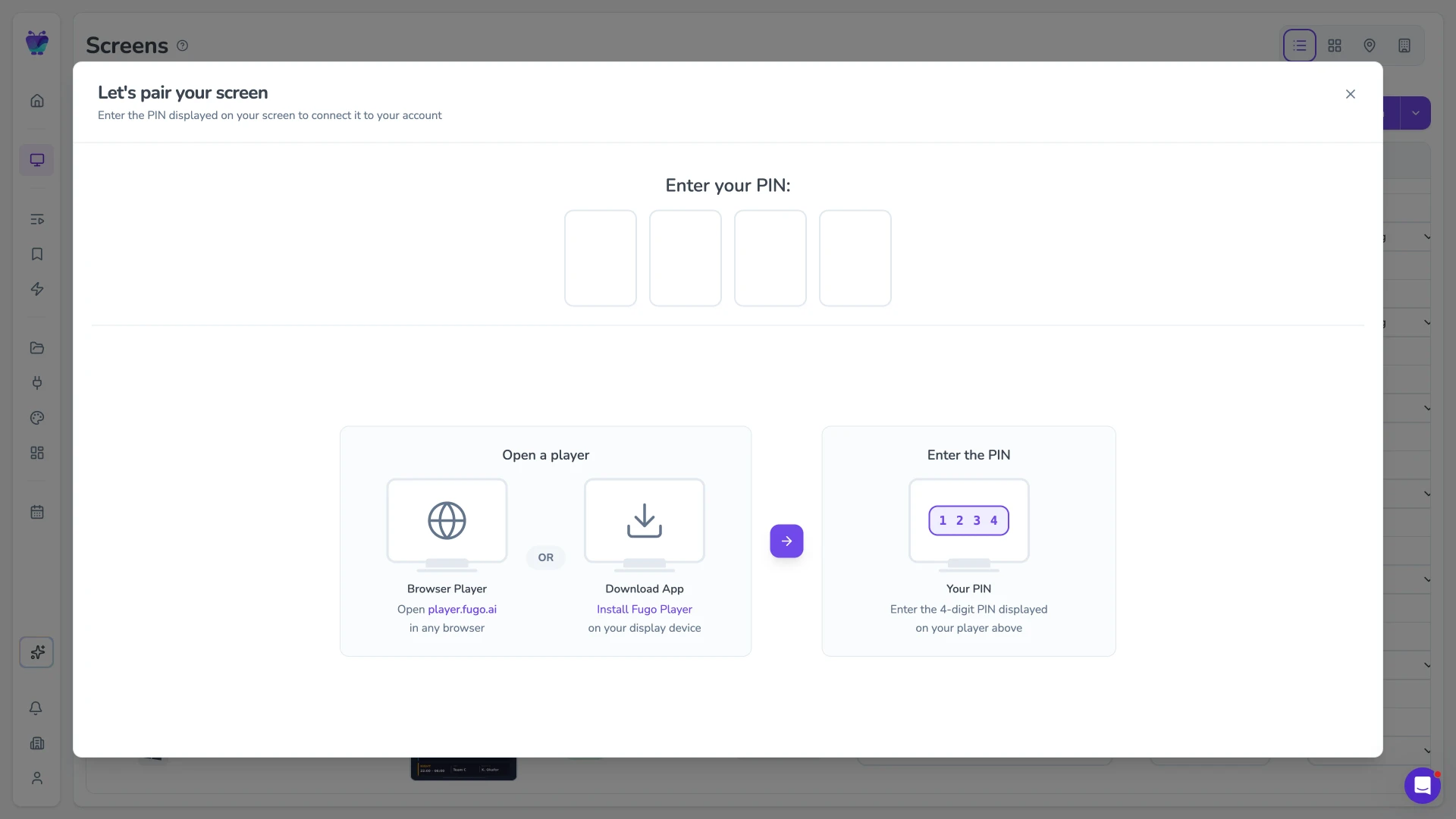 Fugo CMS screen pairing modal ready to receive a pairing PIN