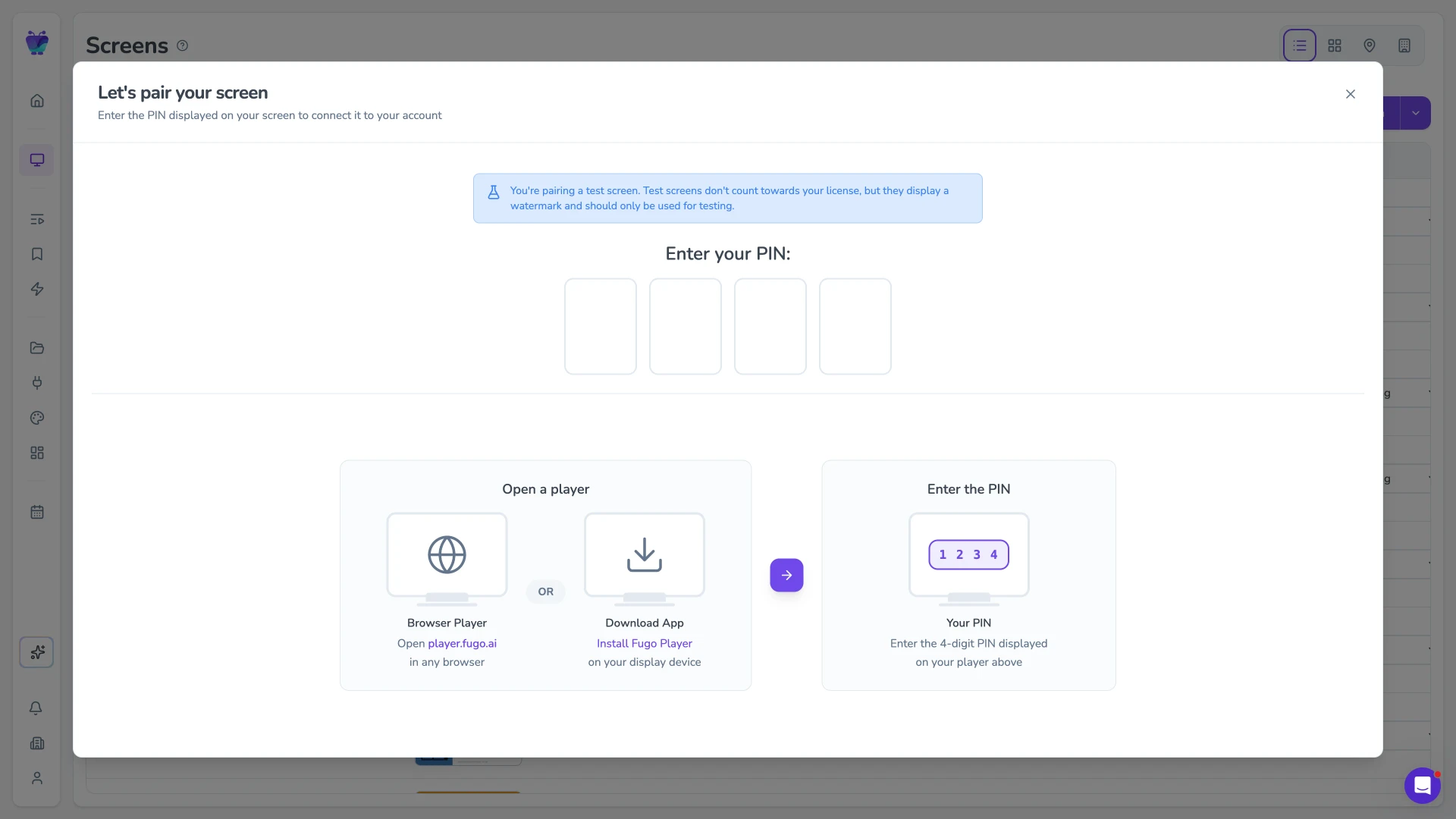 Fugo CMS screen-pairing modal confirming a paired test screen