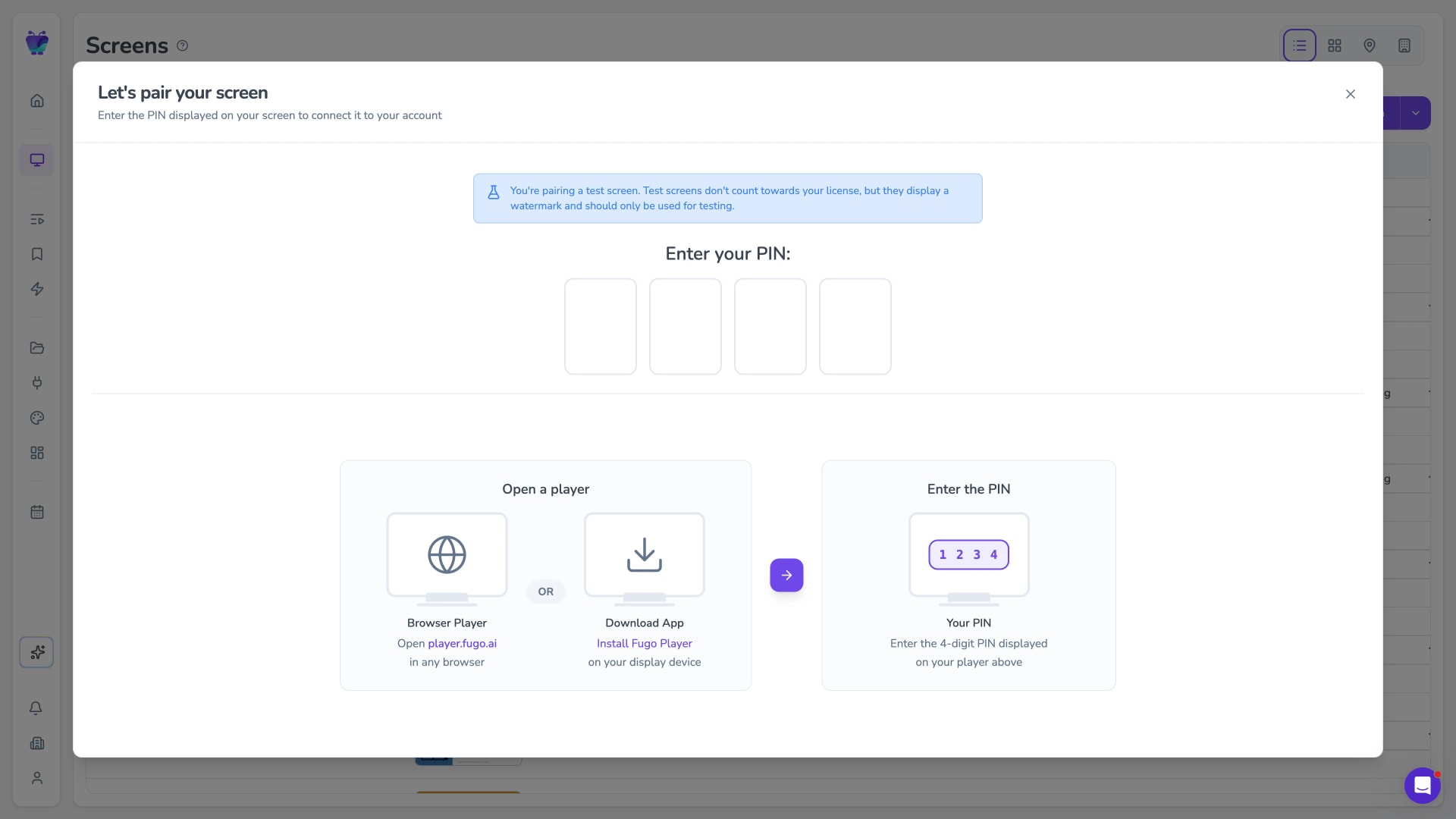 Fugo CMS screen-pairing modal confirming a paired test screen
