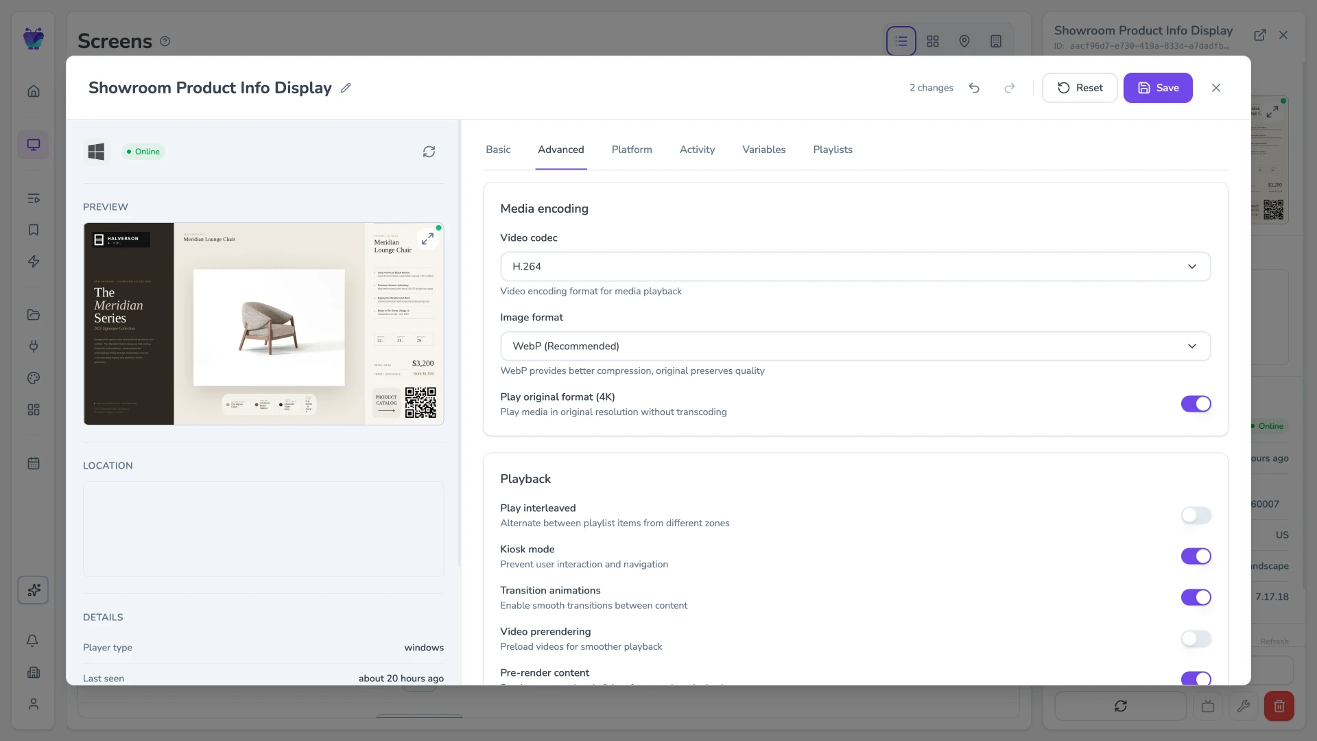 Screen settings advanced tab with playback and device controls