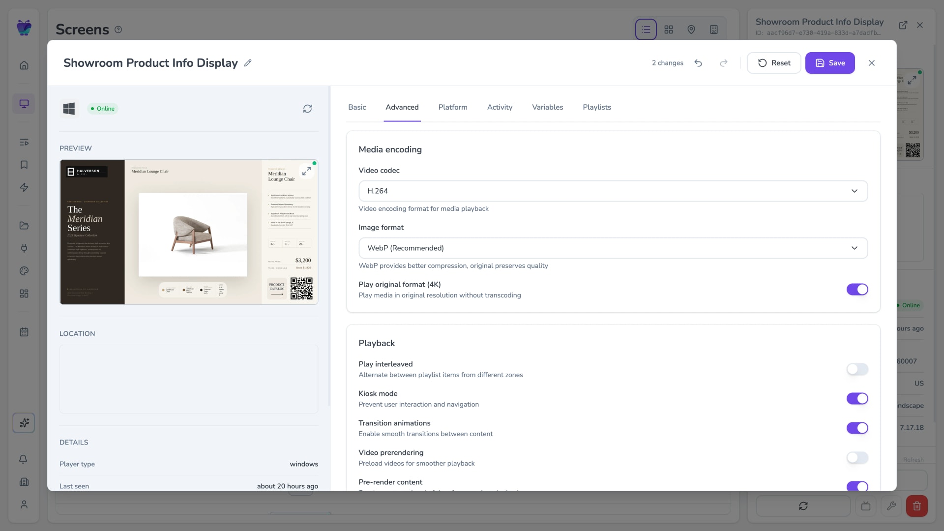 Screen settings advanced tab with playback and device controls