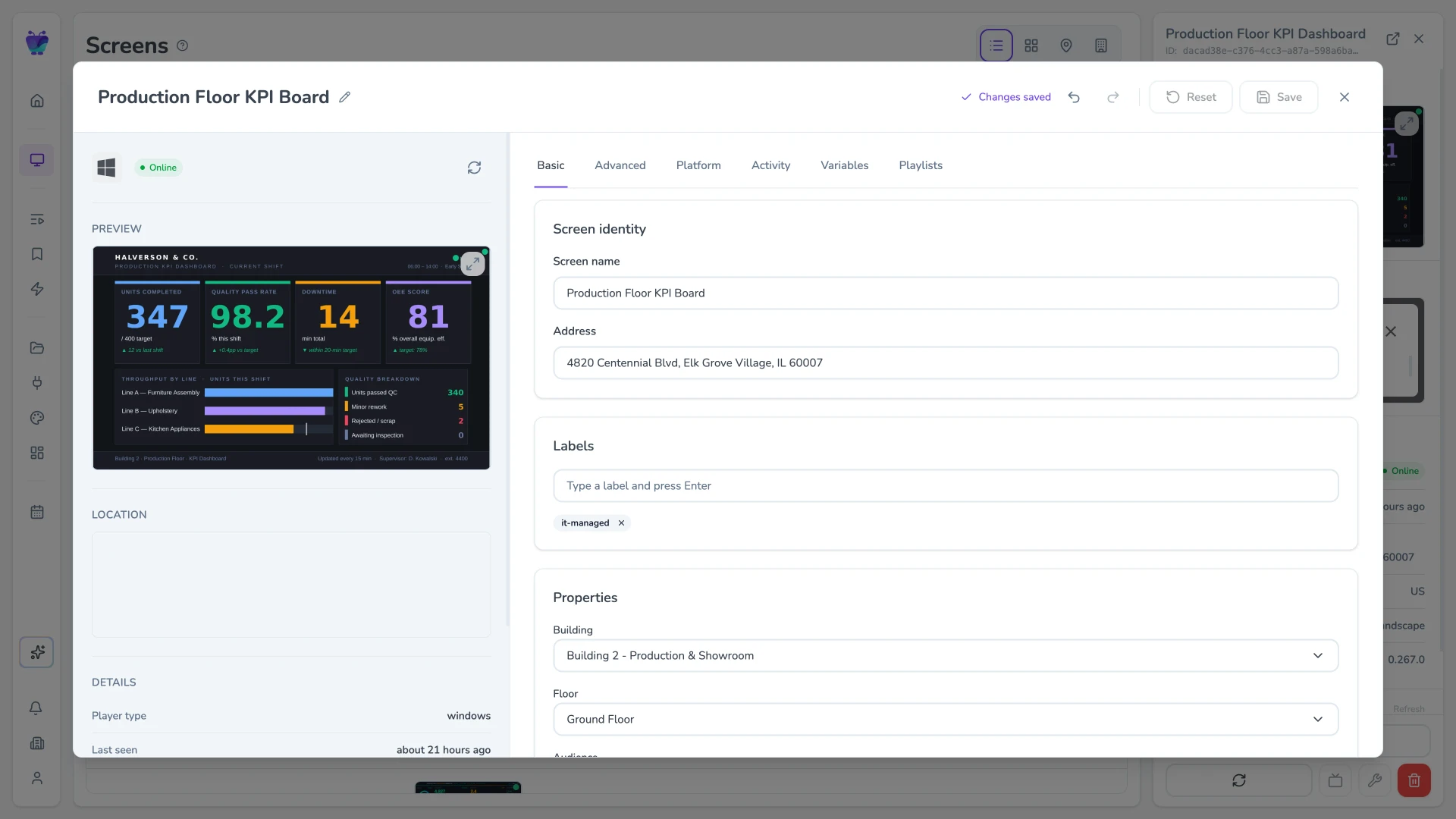 Fugo screen settings showing the paired player URL for a meeting room