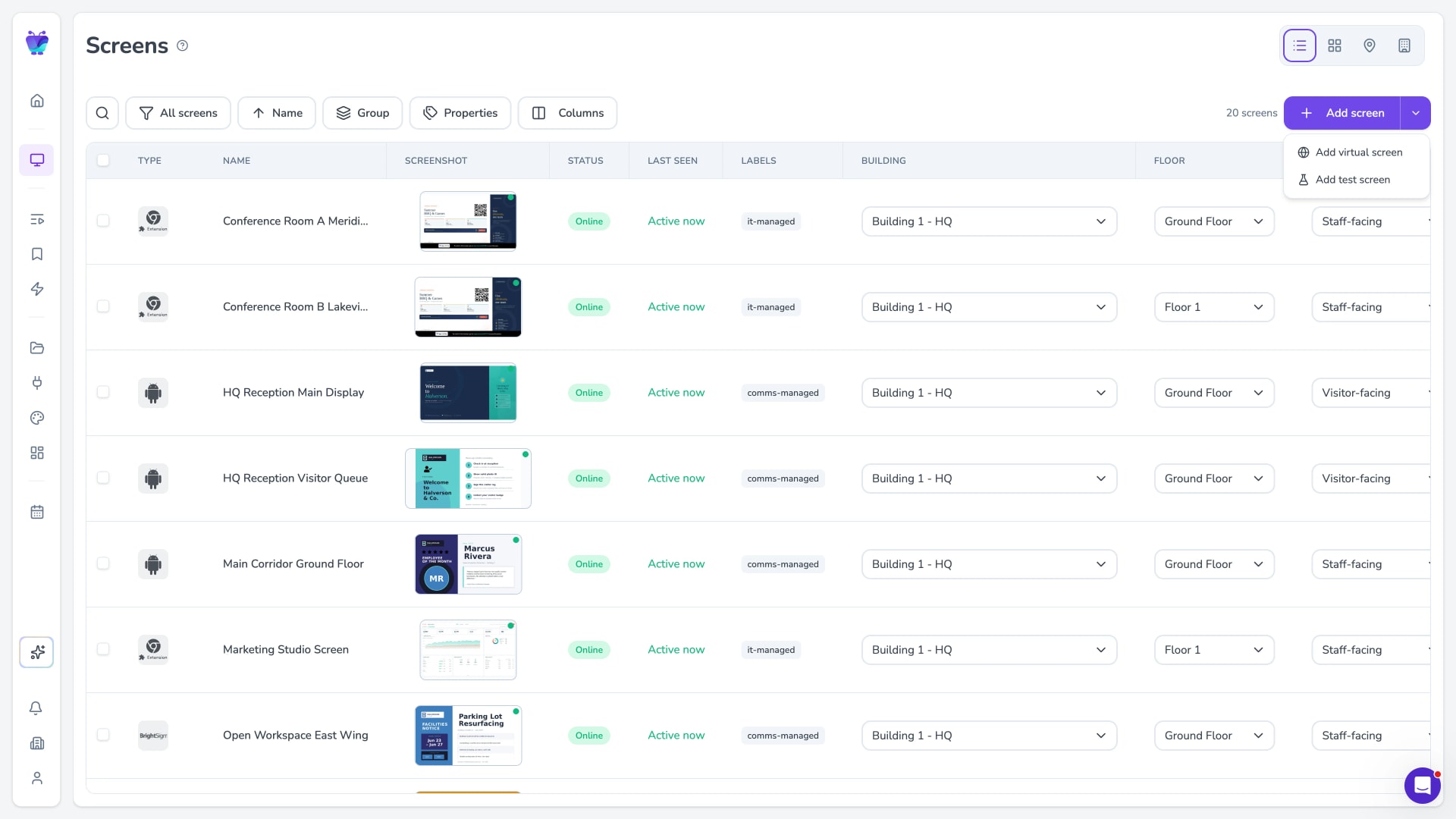 Adding a new screen from the Screens page in Fugo CMS