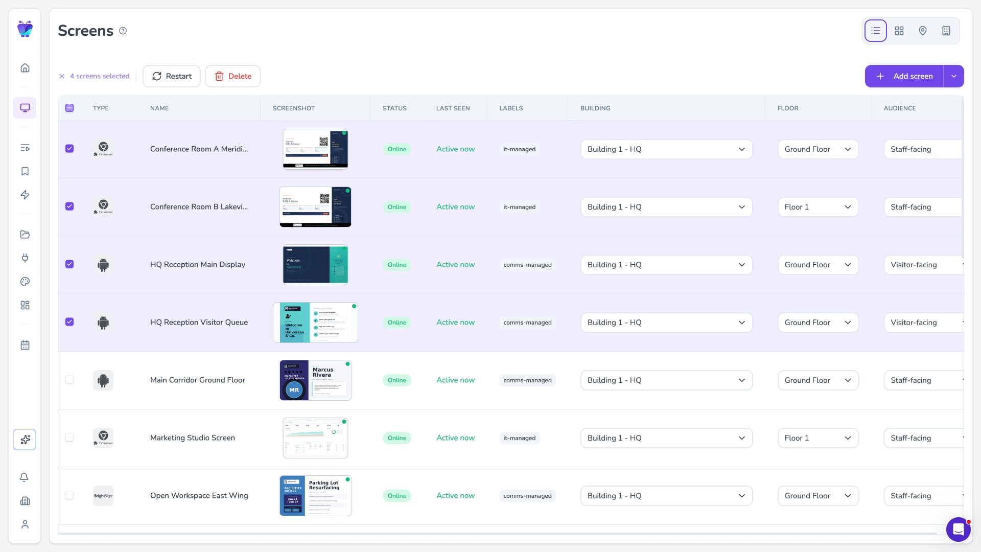 Bulk-selecting screens to apply remote actions