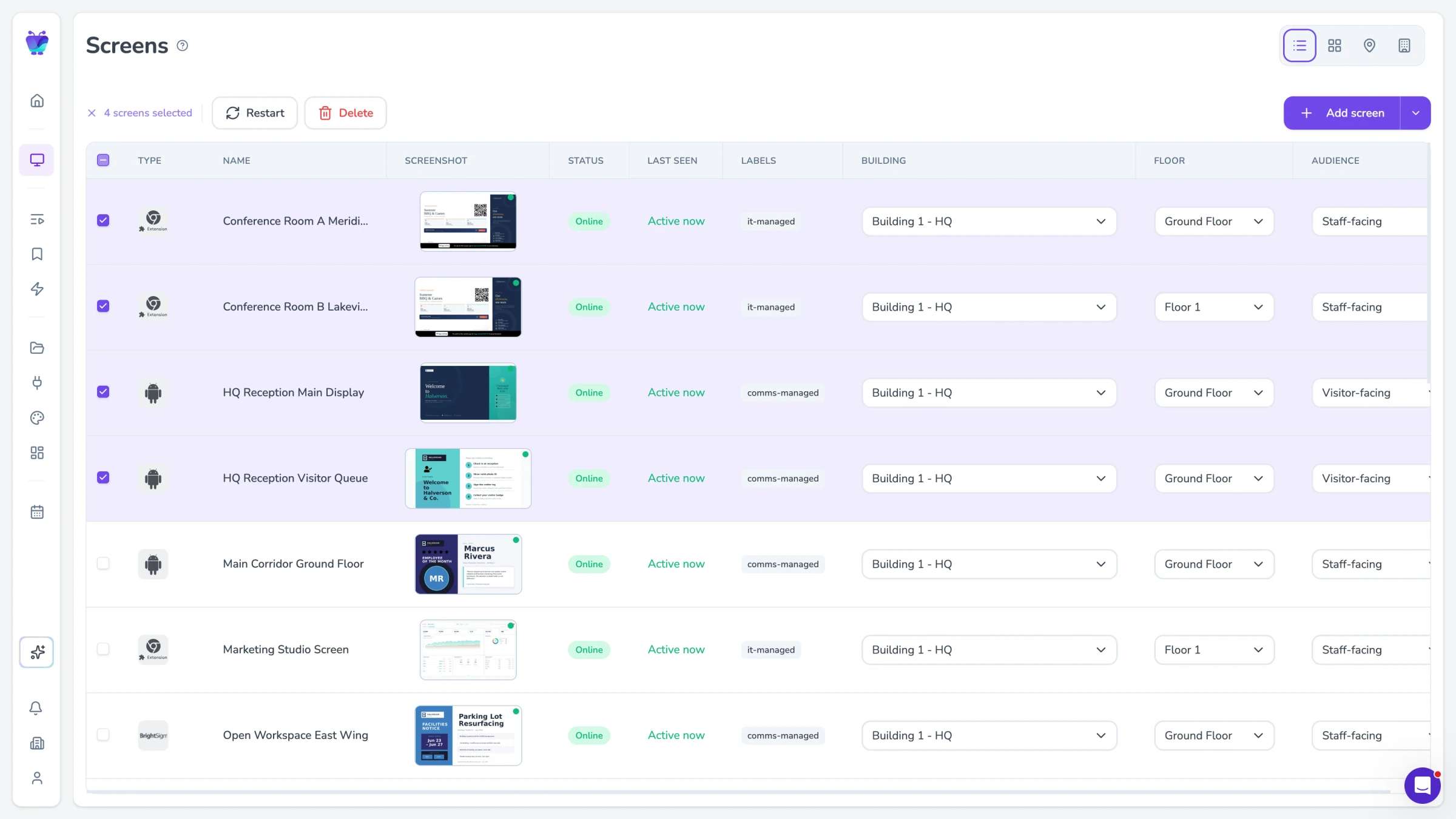 Bulk-selecting screens to apply remote actions