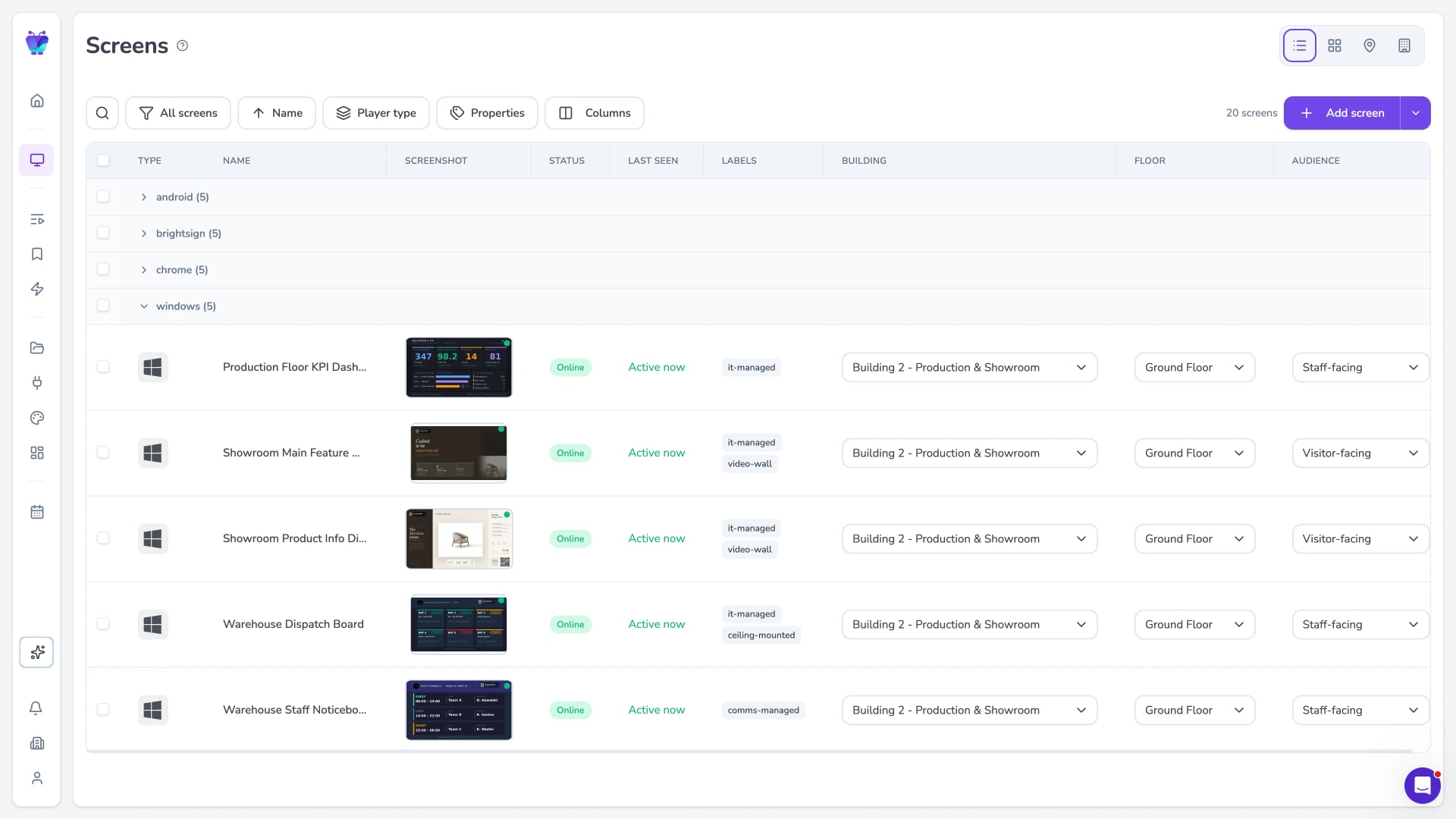 Fugo screens page grouping displays by player type