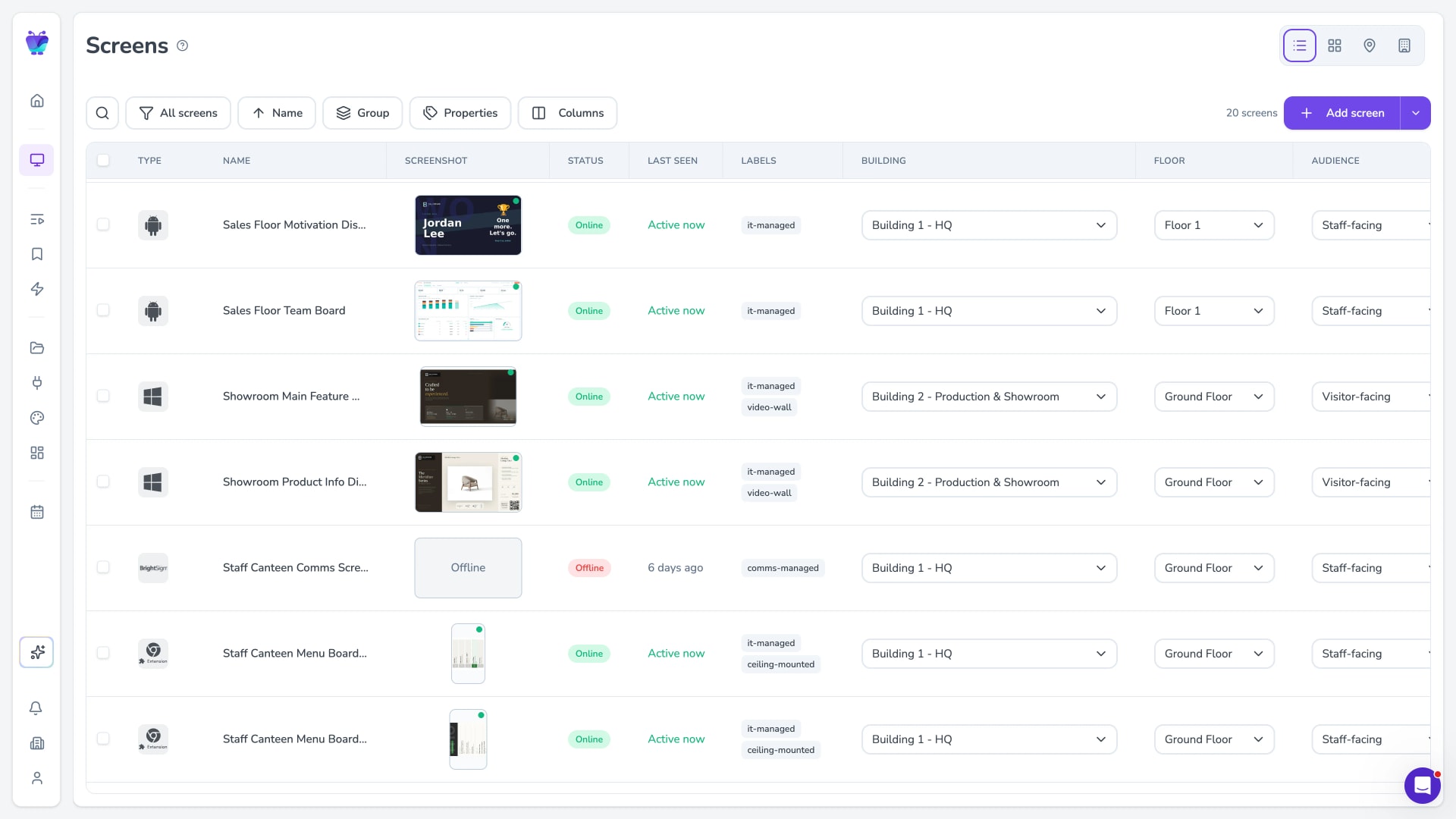Screens page table view with status, location, and audience columns