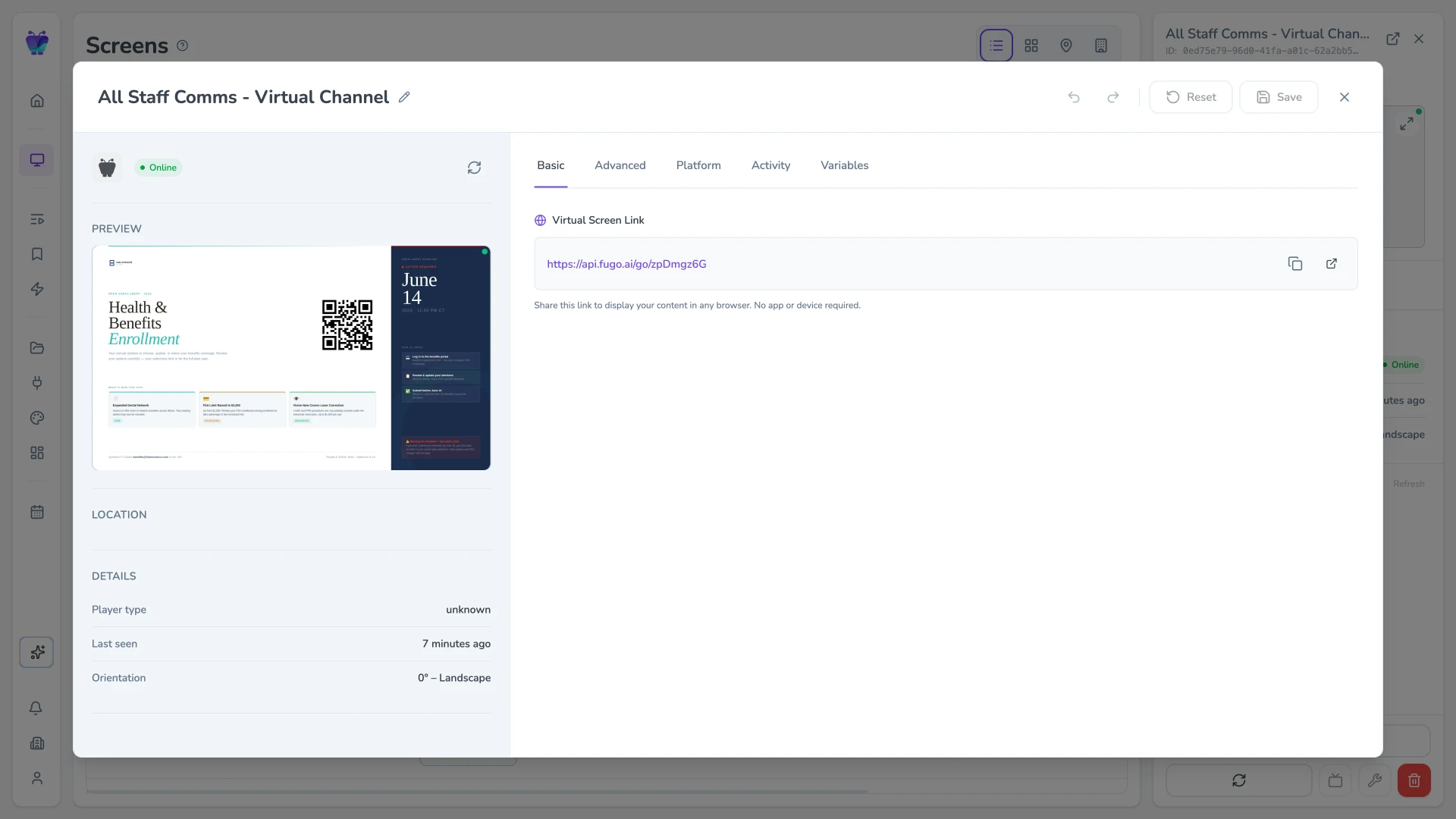 Fugo CMS virtual screen settings modal with content assigned