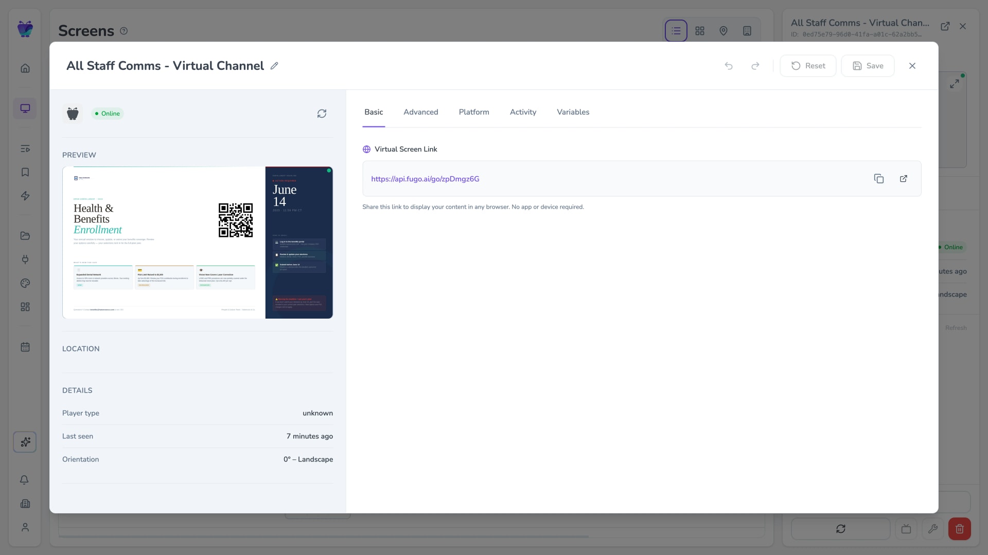 Fugo CMS virtual screen settings modal with content assigned