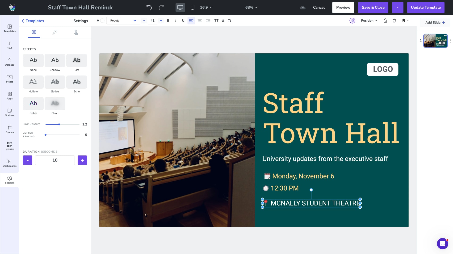 A school campus announcement template designed on the Fugo Design Studio canvas