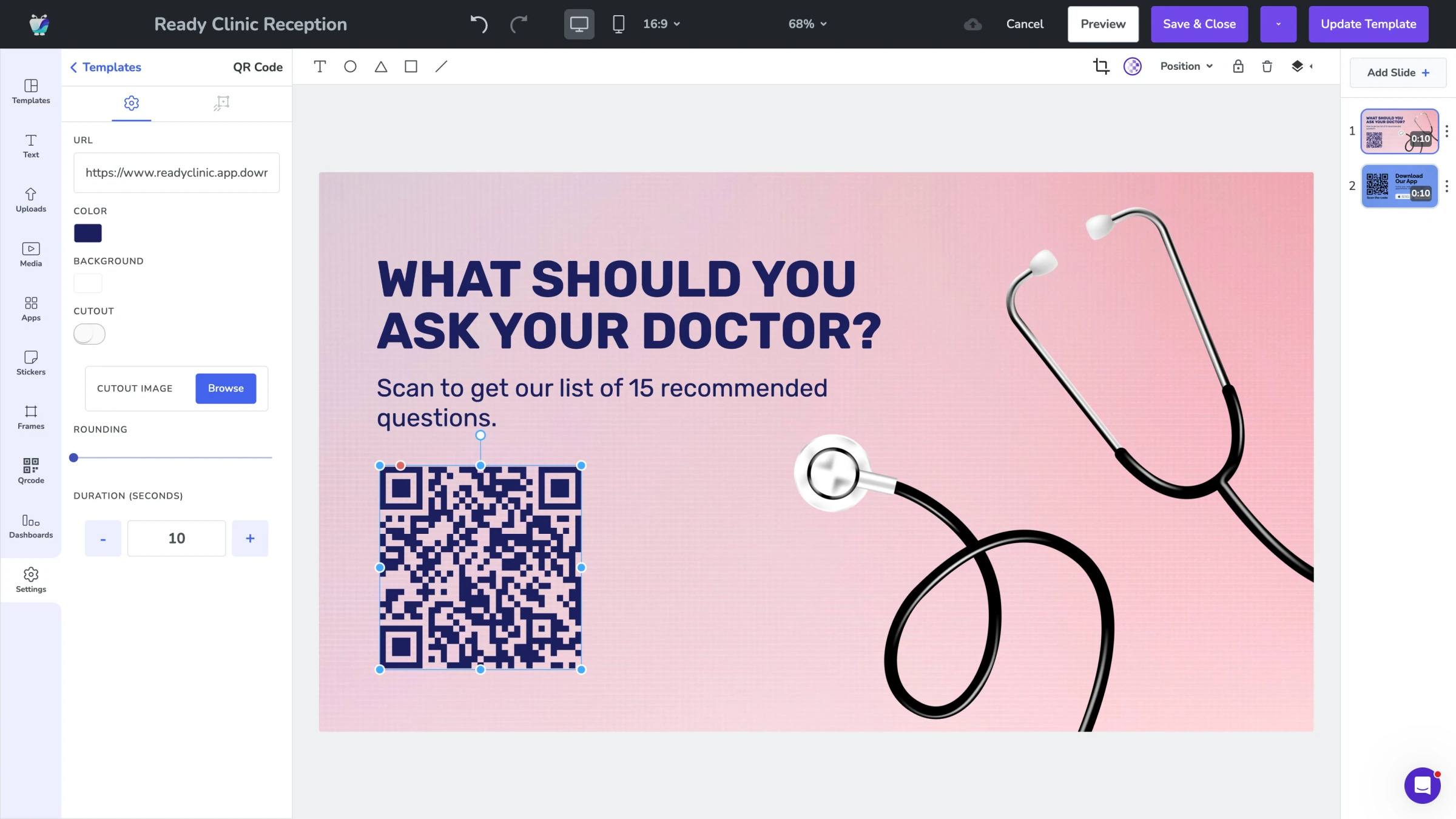A healthcare waiting room template designed on the Fugo Design Studio canvas