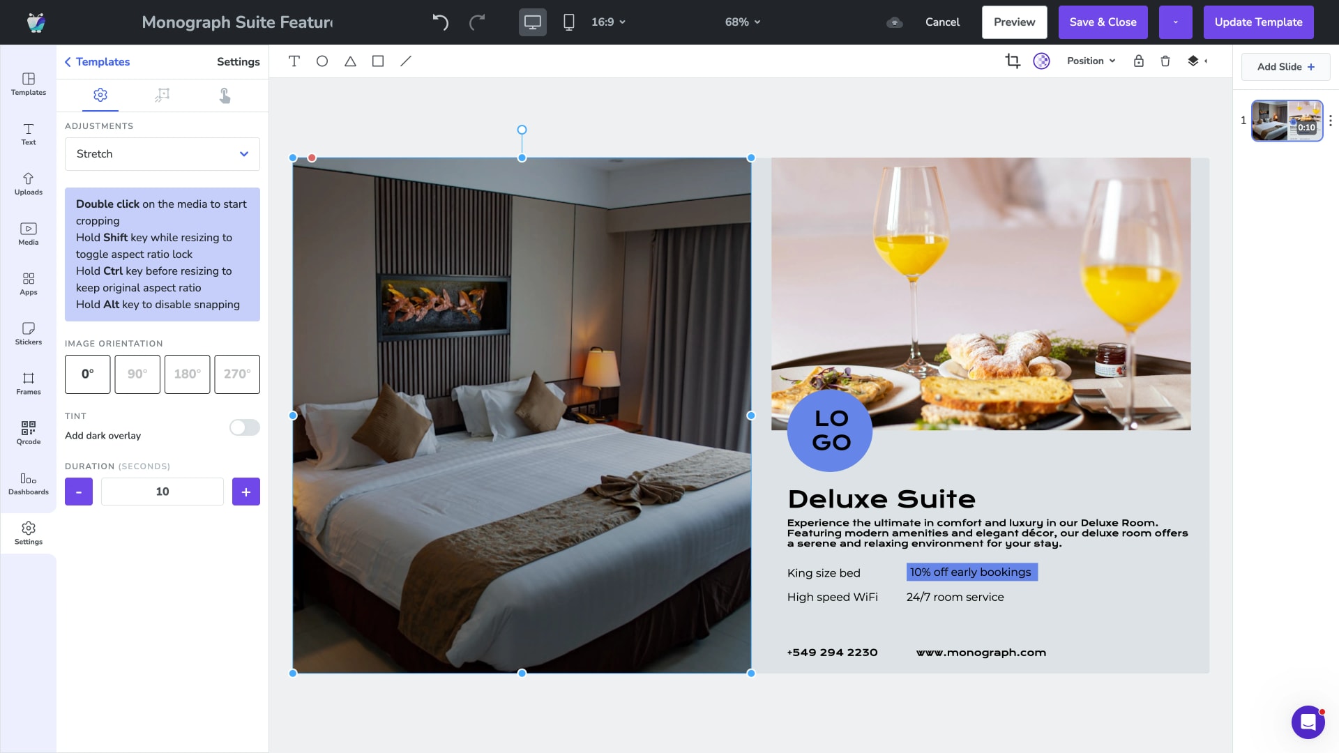 Fugo Design Studio showing a hospitality slide being designed on the canvas