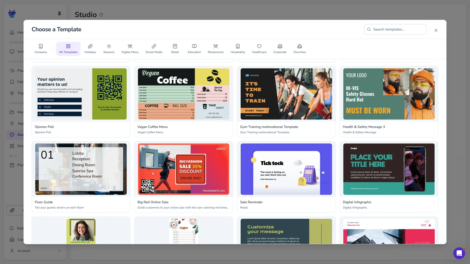 Design Studio templates modal showing ready-made signage templates by industry
