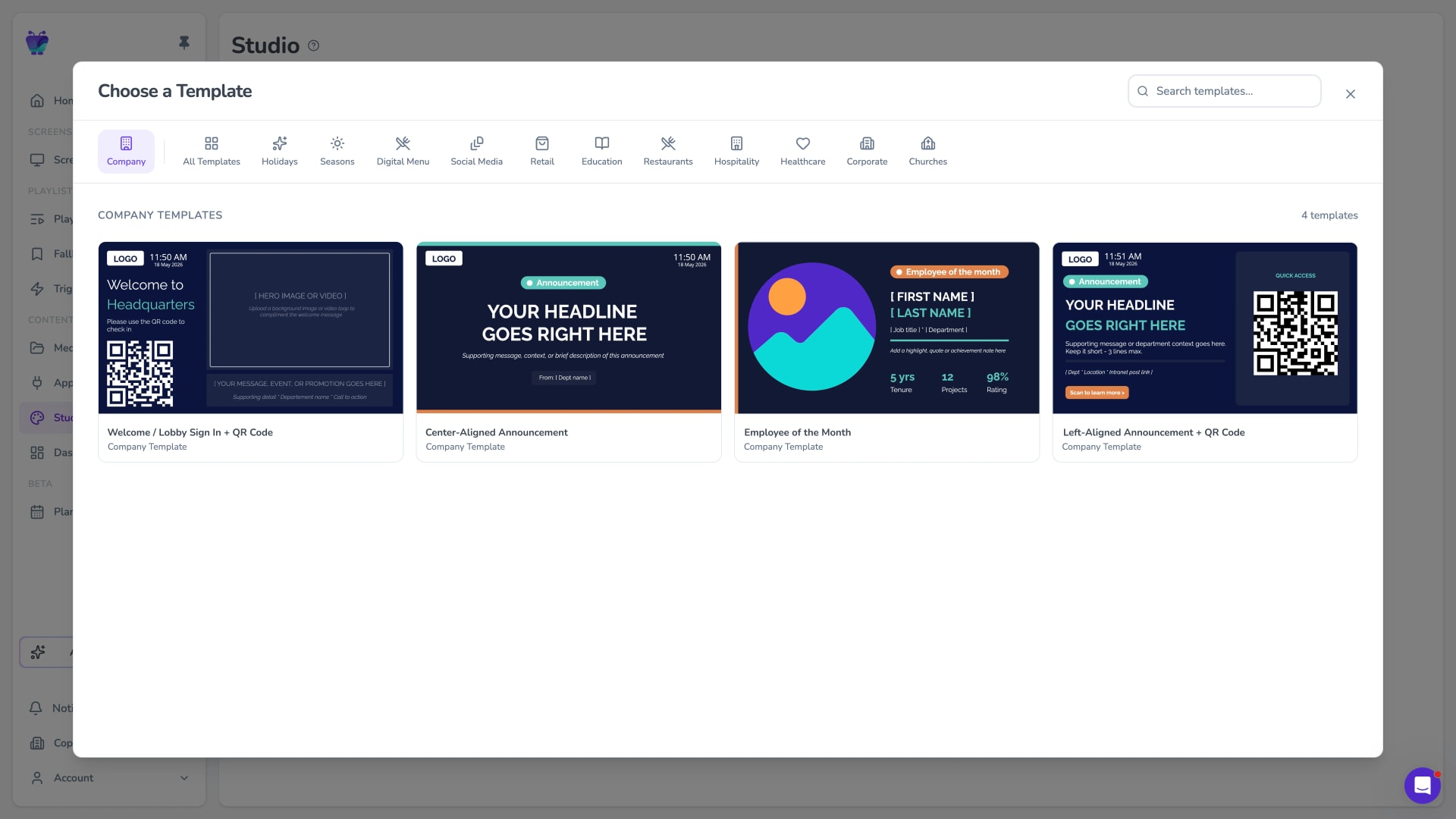 Fugo templates gallery showing company announcement and notice layouts