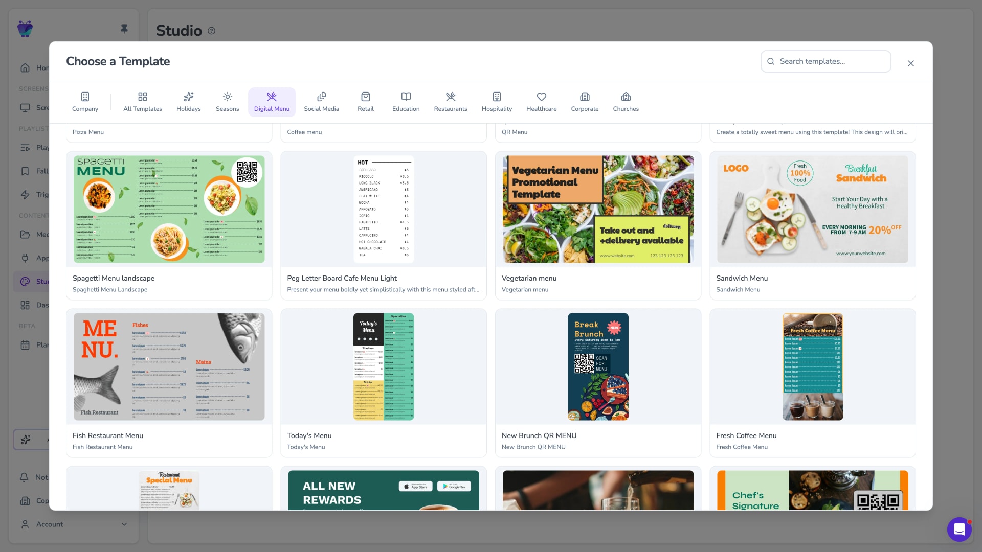 Fugo Design Studio templates modal showing digital menu board layouts