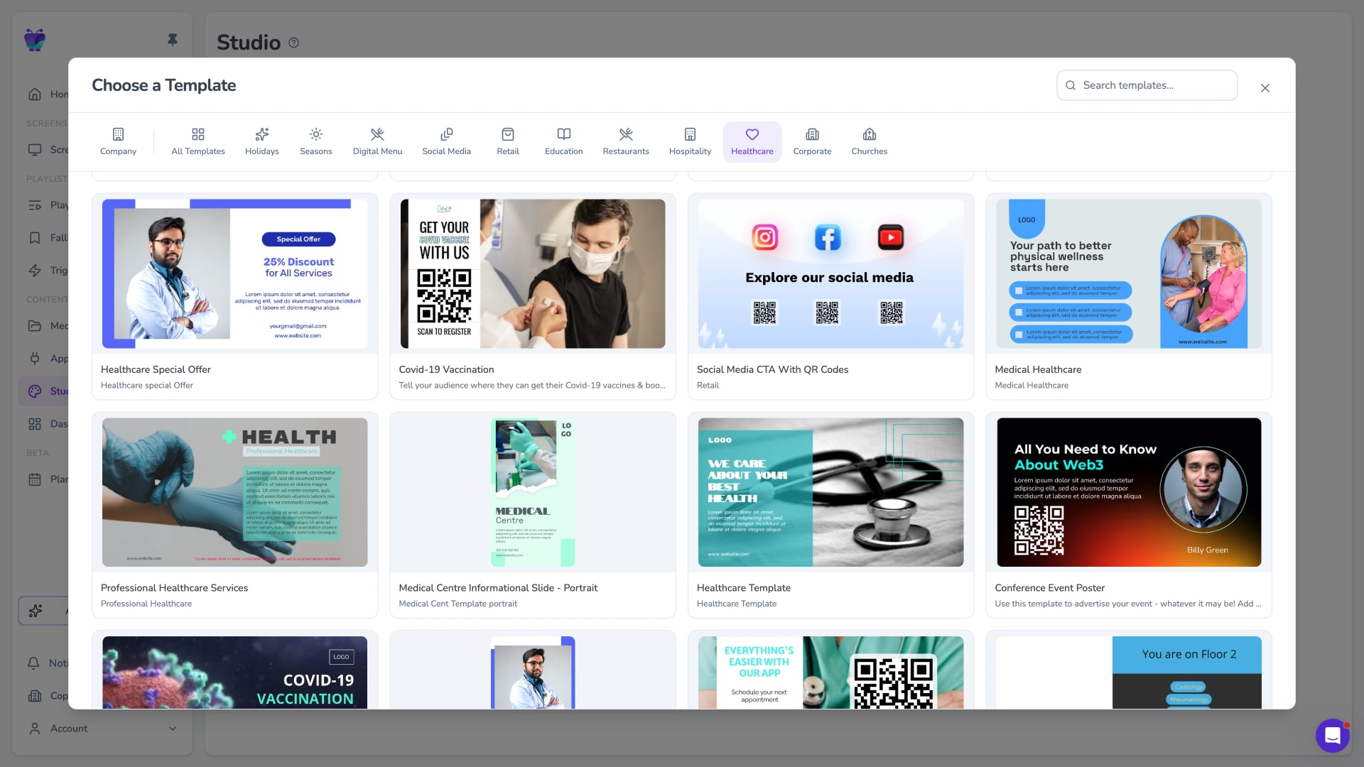 Fugo Design Studio templates modal showing ready-made healthcare layouts