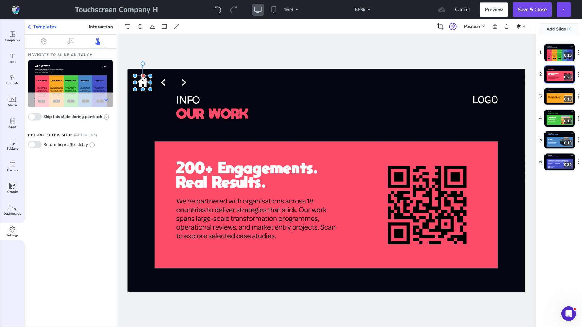 Fugo Design Studio canvas showing a drill-down "Our Work" detail slide reached from a touch interaction