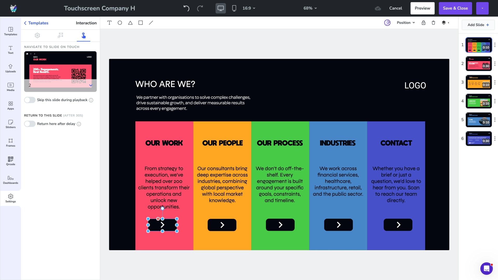 Fugo Design Studio canvas with a Touchscreen Company home slide and interactive category buttons