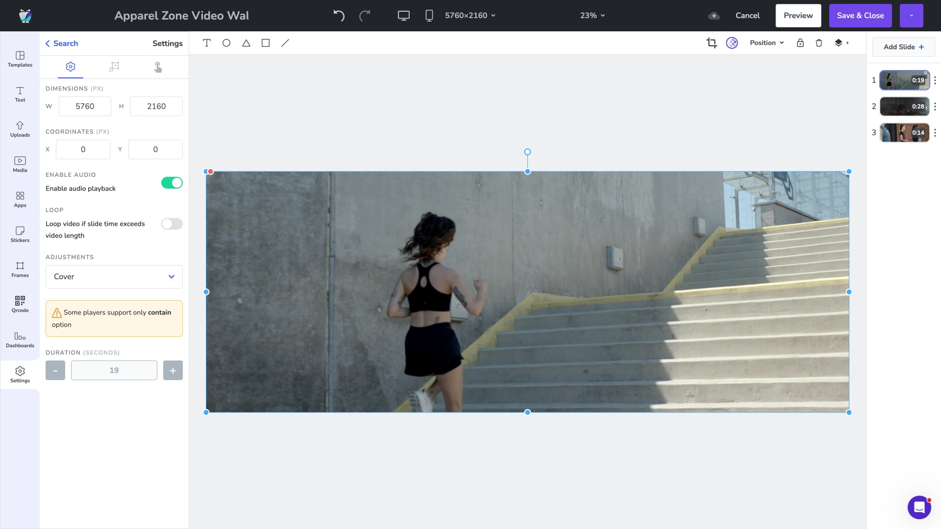 Fugo Design Studio showing a video wall layout on the canvas
