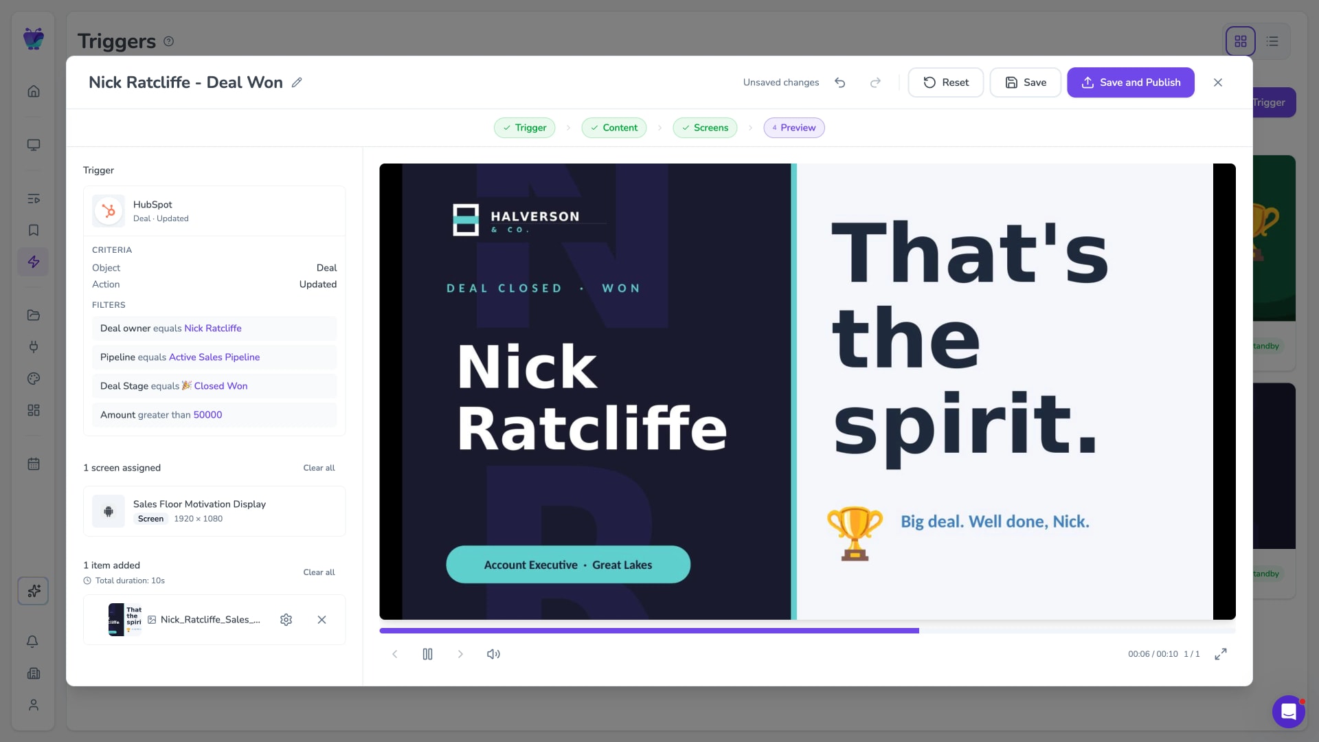 Trigger preview before publishing — a Nick Ratcliffe deal-won celebration slide with filters, target screen and content all wired up