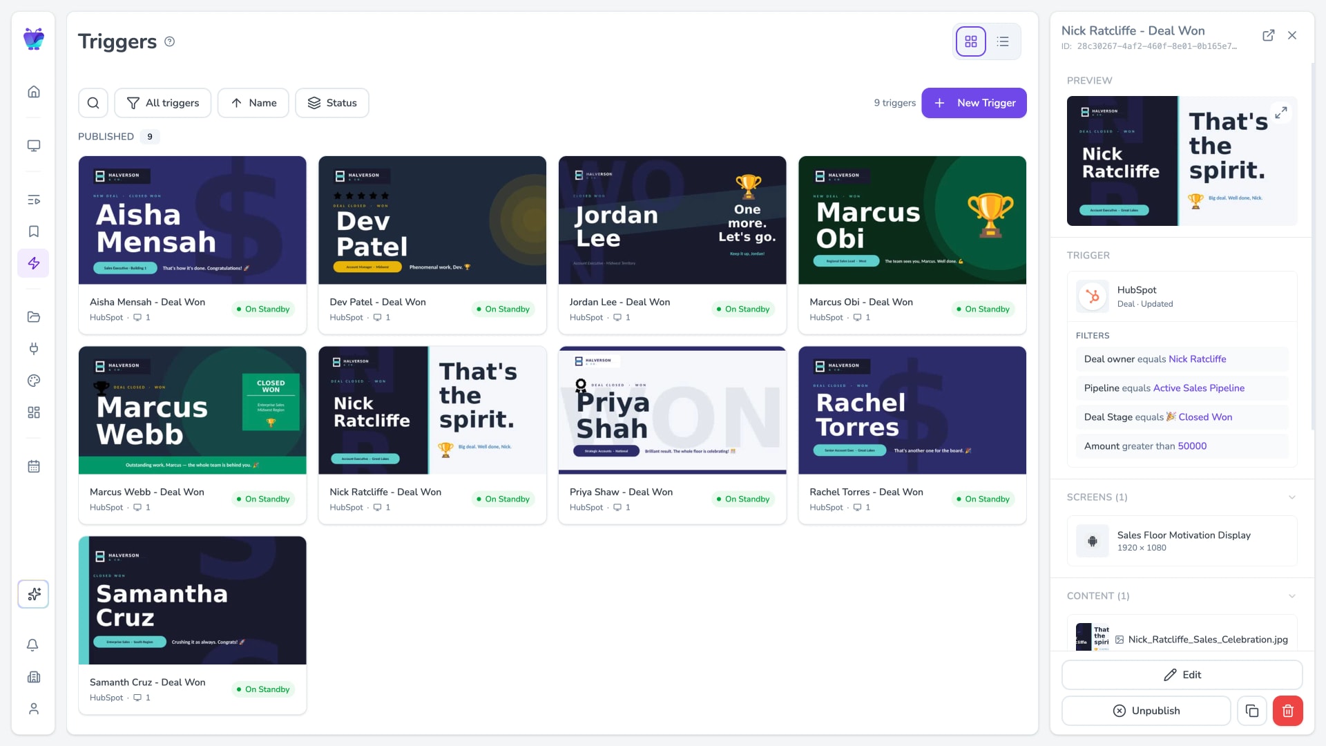 Fugo Triggers page with a HubSpot deal-won trigger expanded in the side panel showing filters, target screens and the celebration content it fires